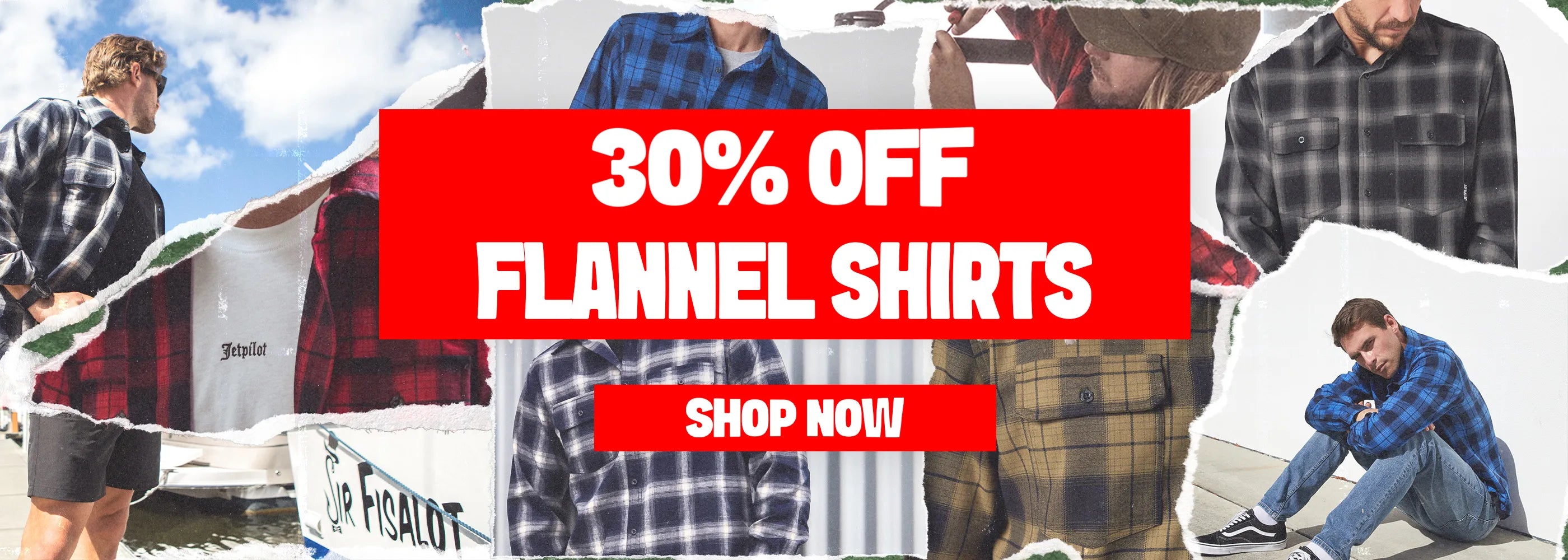 Promotional banner for flannel shirts with text '30% Off Flannel Shirts' and 'Shop Now' on a collage of people wearing plaid shirts.