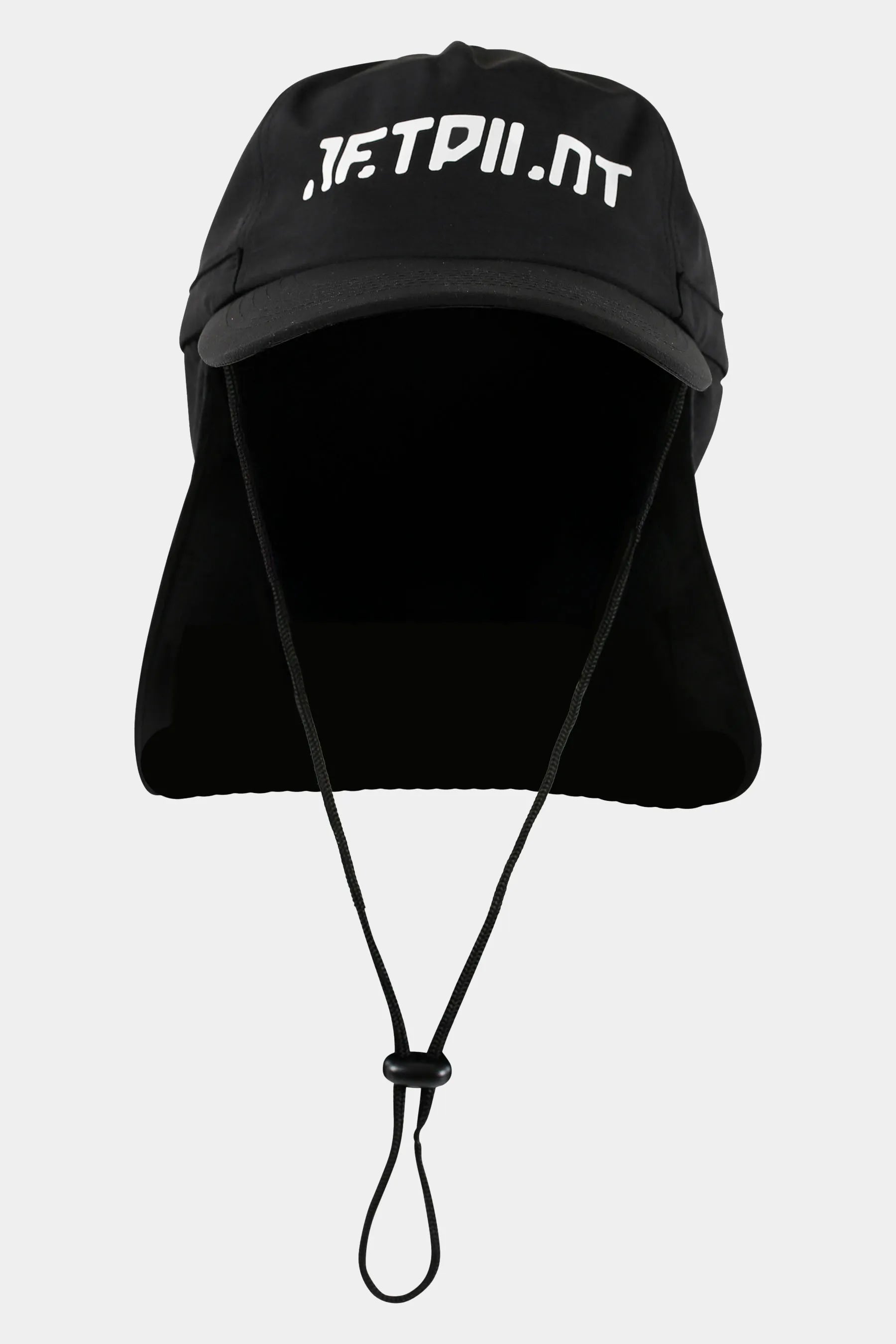 Black cap with a neck cover and visible branding on a white background