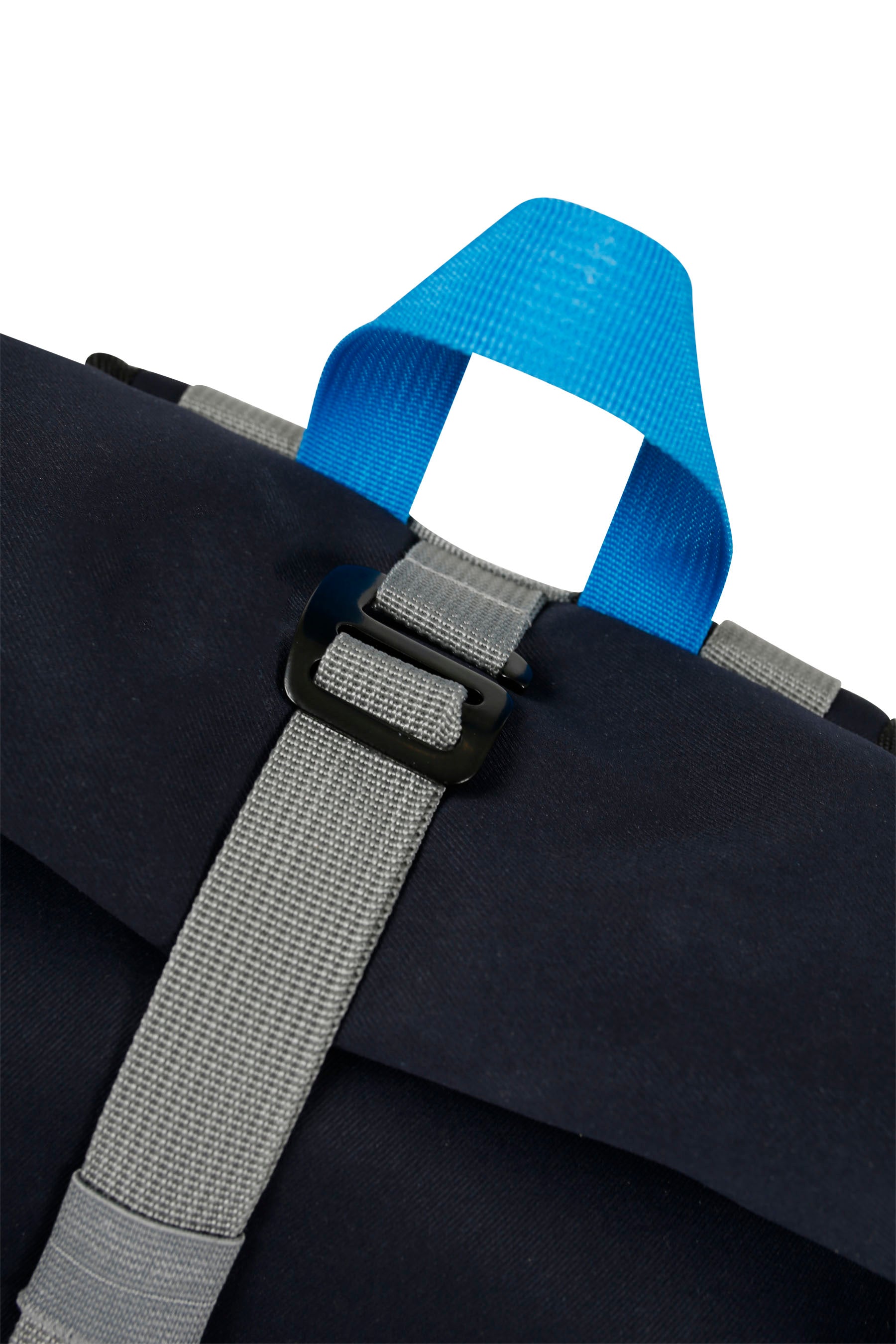 Close-up of a black bag with blue and gray straps on a white background — image 2