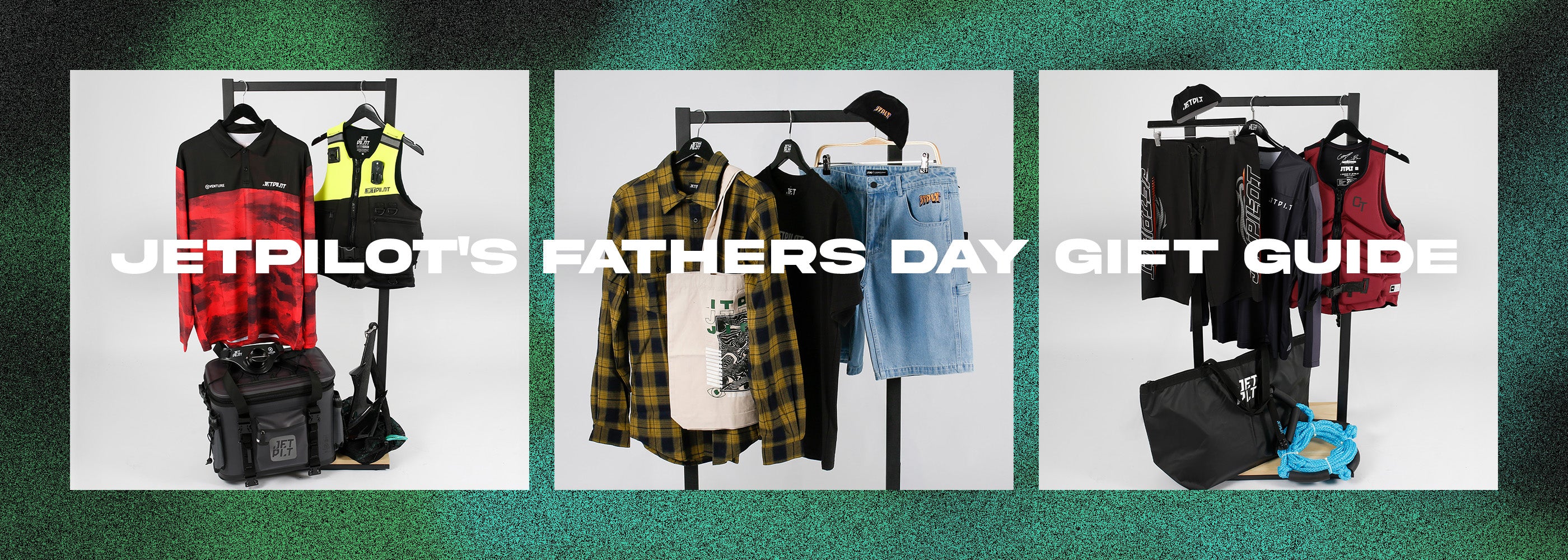 JetPilot's Fathers Day gift guide with clothing and accessories on racks against a green and gray gradient background.