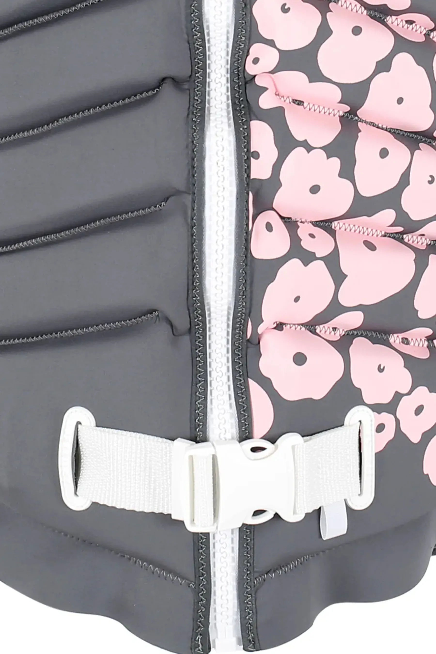 Jetpilot X1 Ladies Life Jacket - Isla - Charcoalwith pink floral pattern and white buckle on a gray background