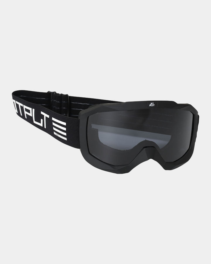 Black goggles with a brand logo on a white background