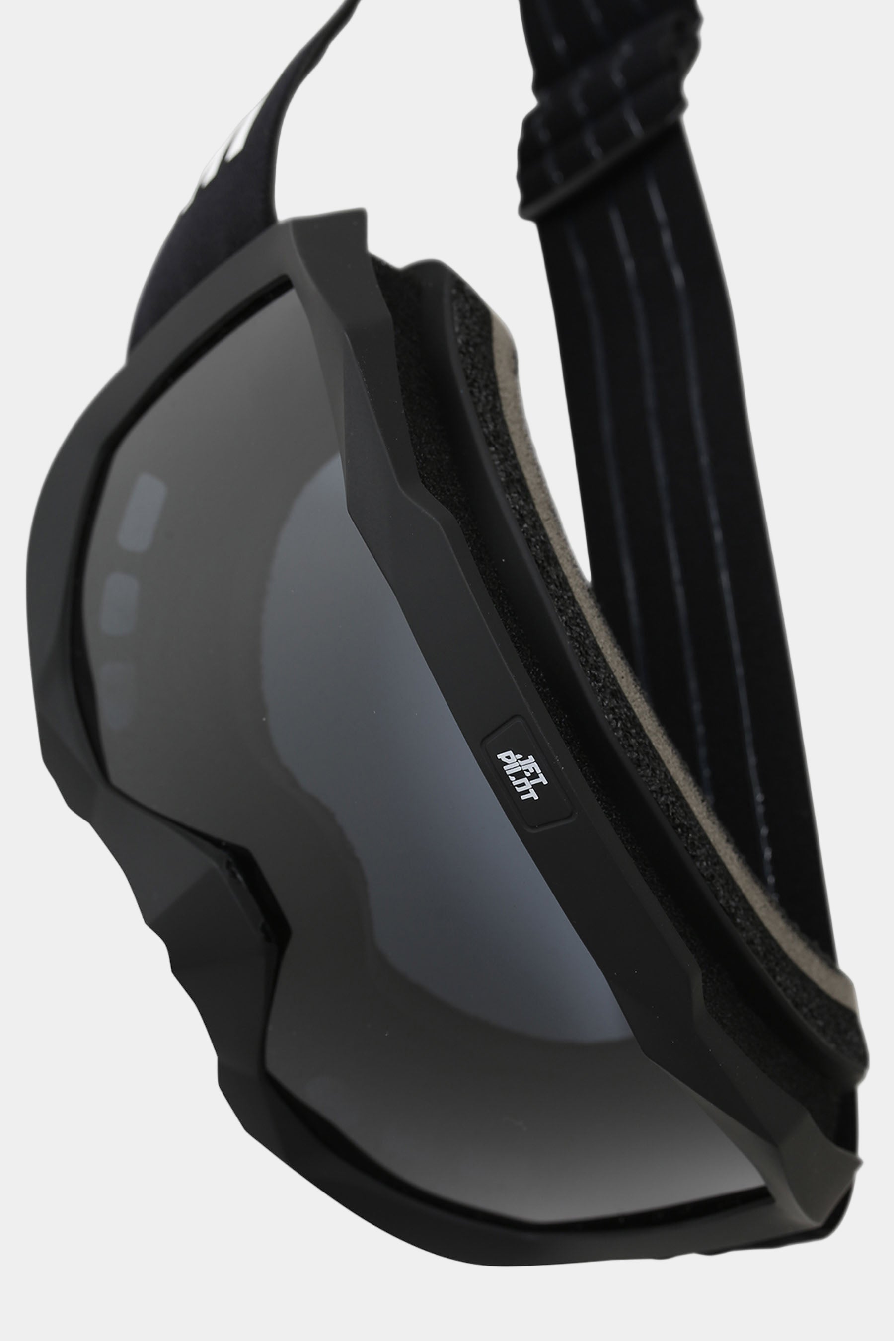 Black jetski google with a strap on a white background