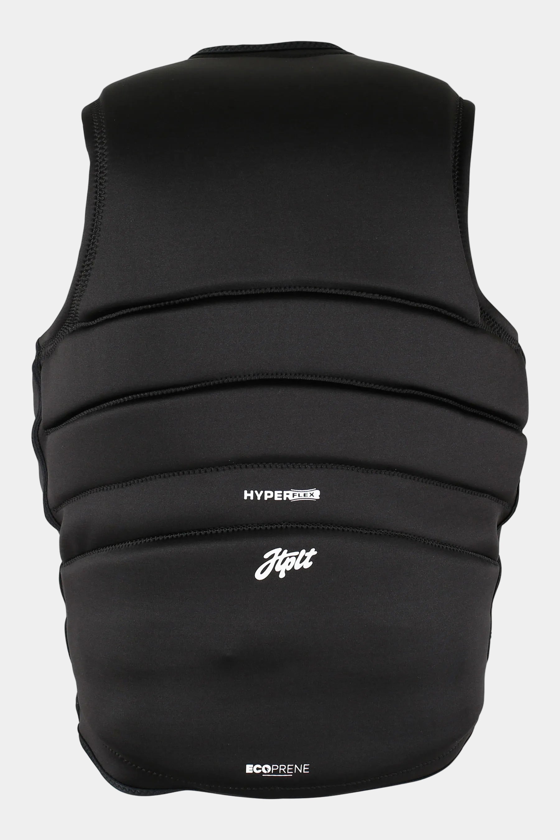 Black protective vest with branding on a white background