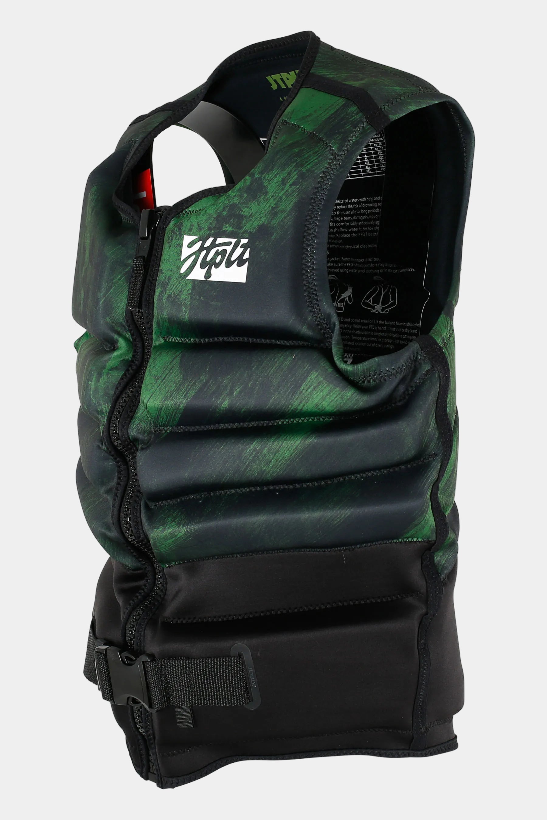 Black and green life vest with a brand logo on a white background
