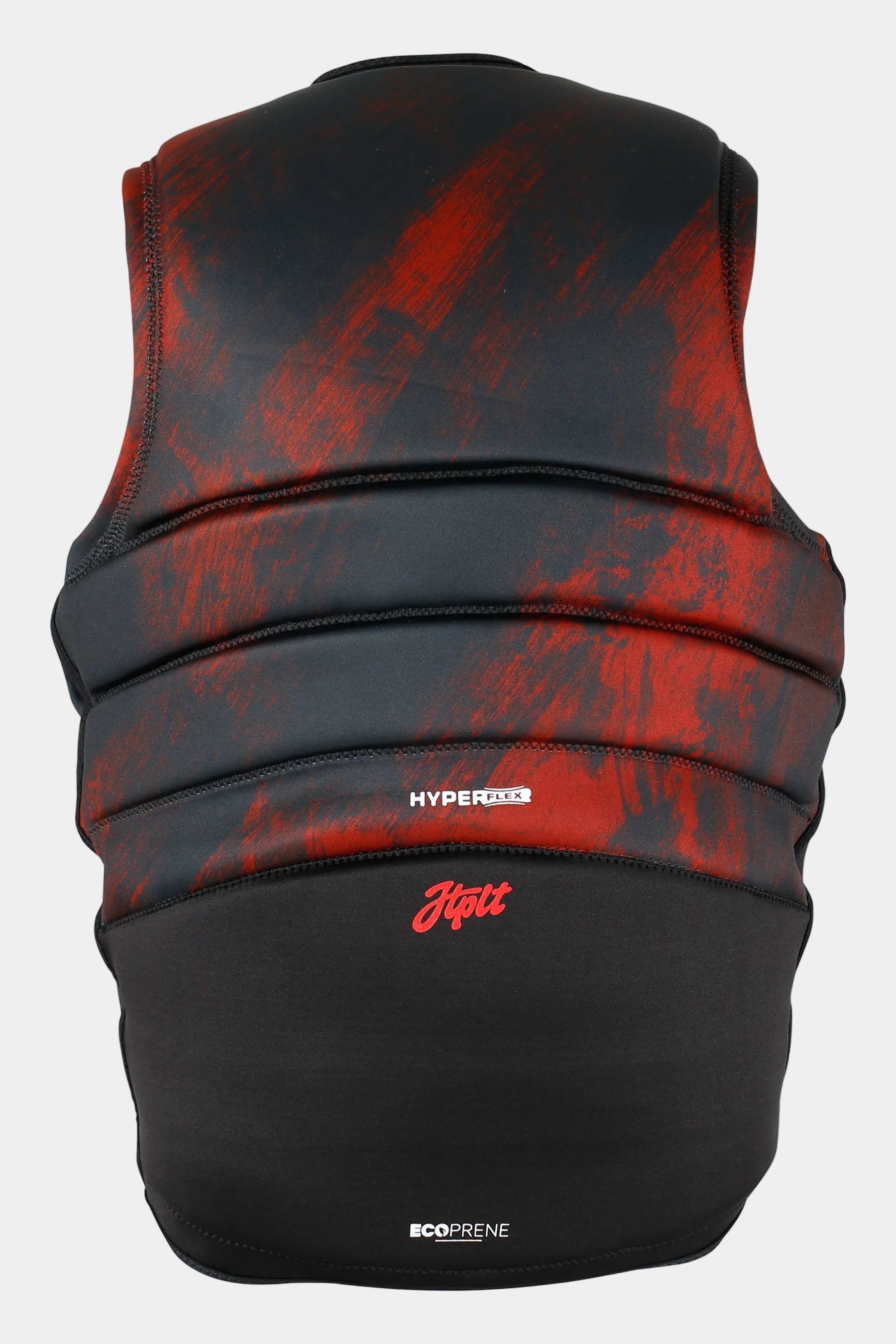 Black and red patterned life vest with visible branding on a white background
