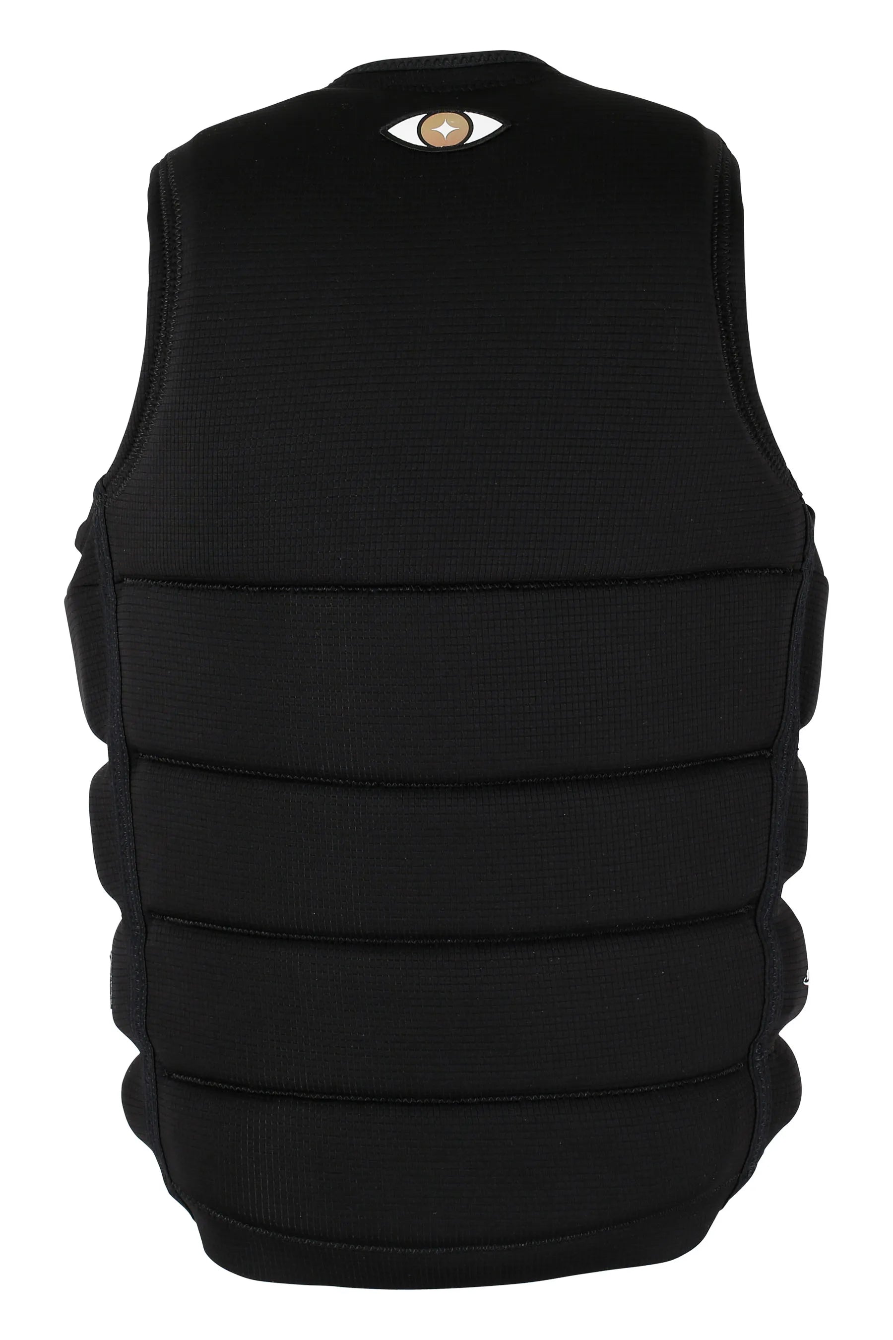 Black protective vest with a badge button on a white background