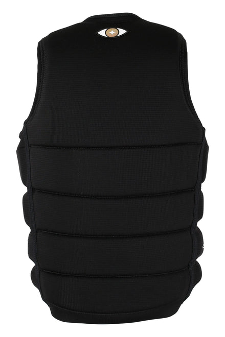 Black protective vest with a badge button on a white background