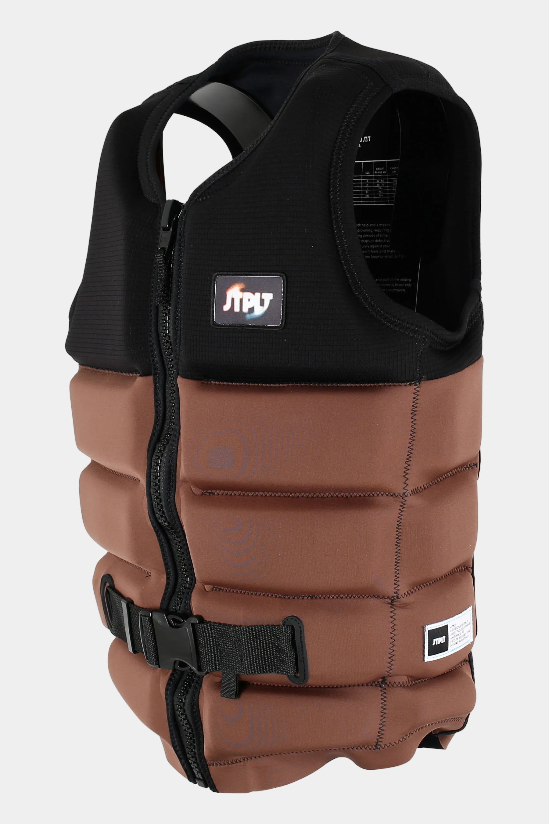 Brown and black life vest with a 'JTPLT' brand logo on a white background
