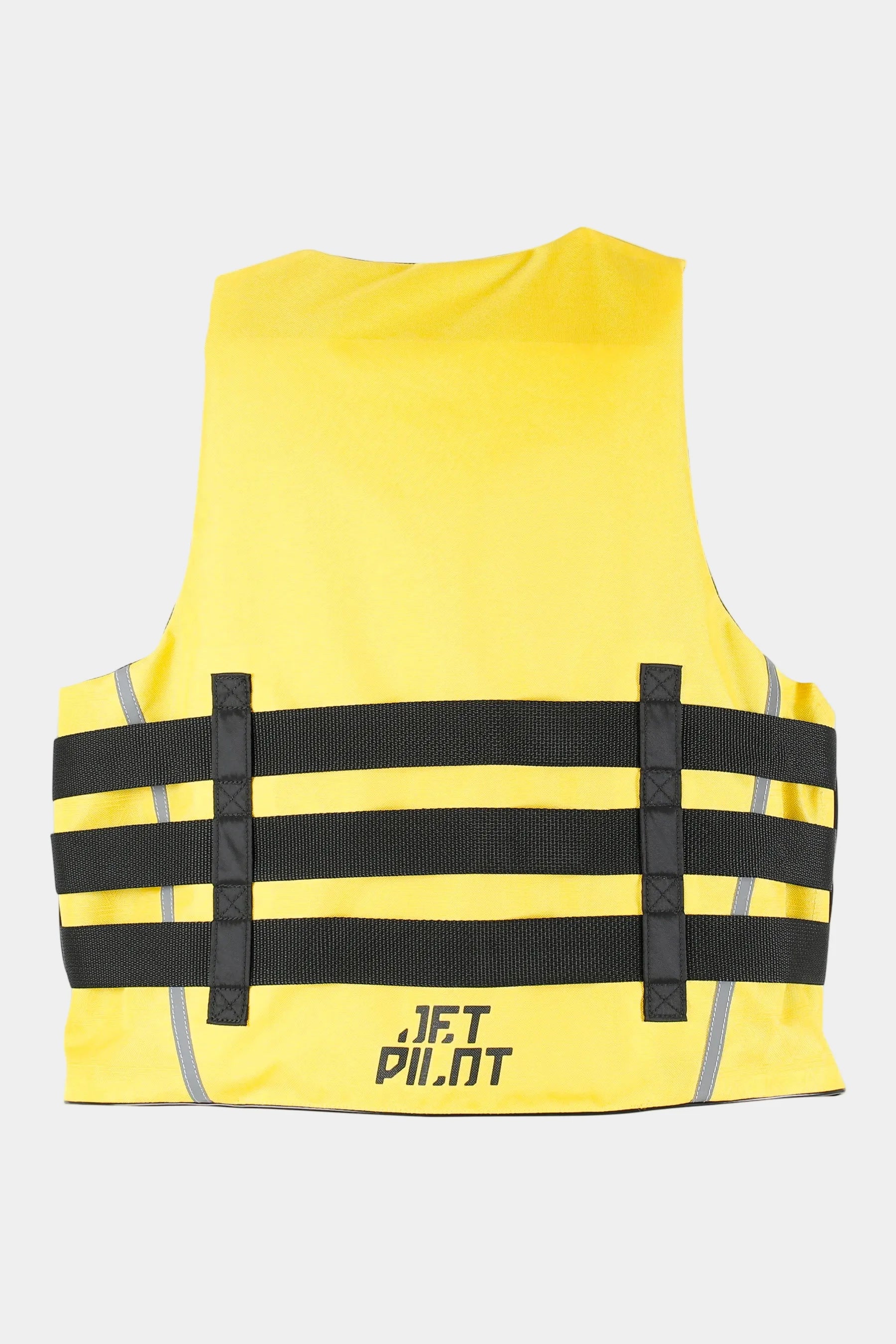 Yellow life vest with black straps on a white background