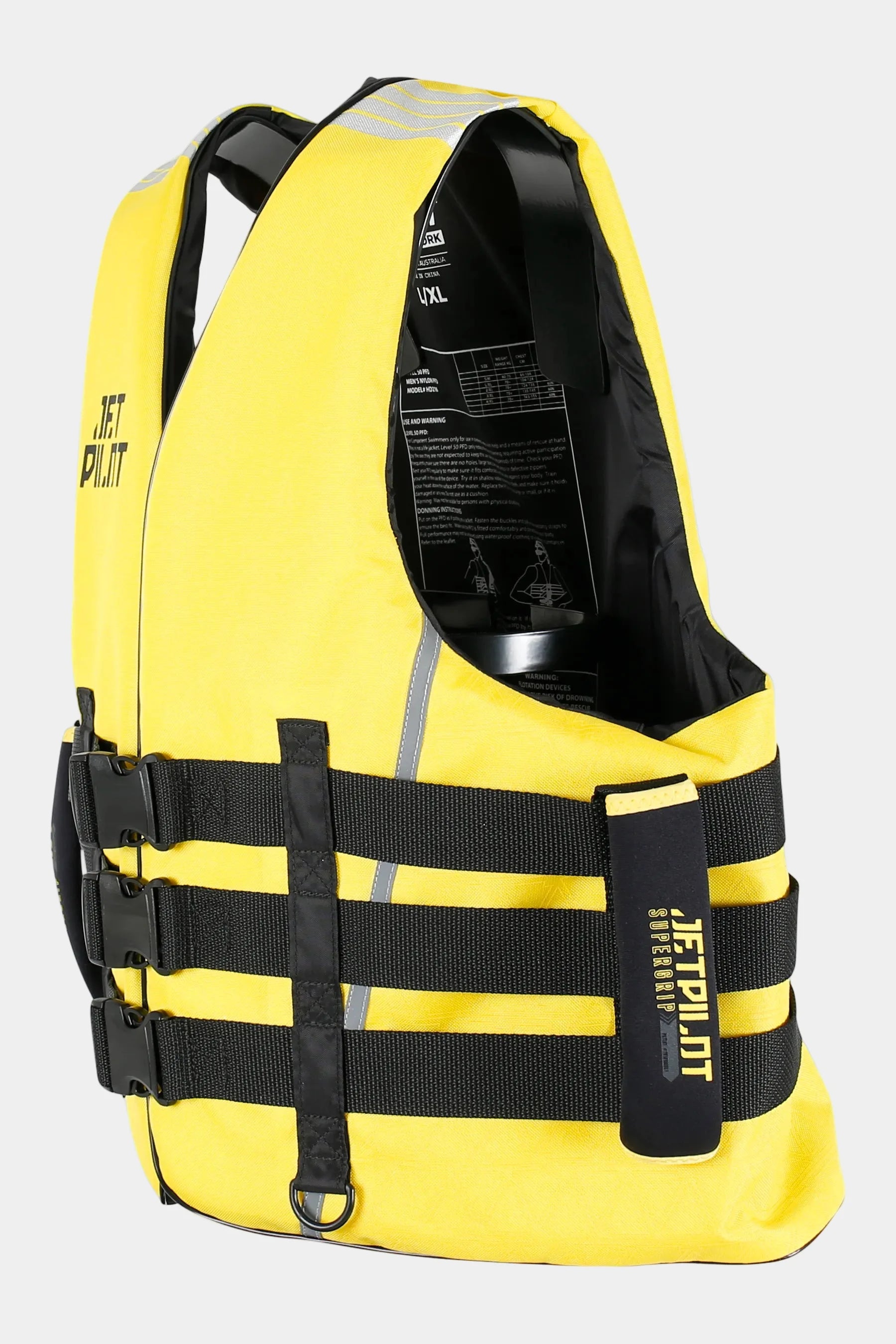 Yellow life jacket with black straps on a white background