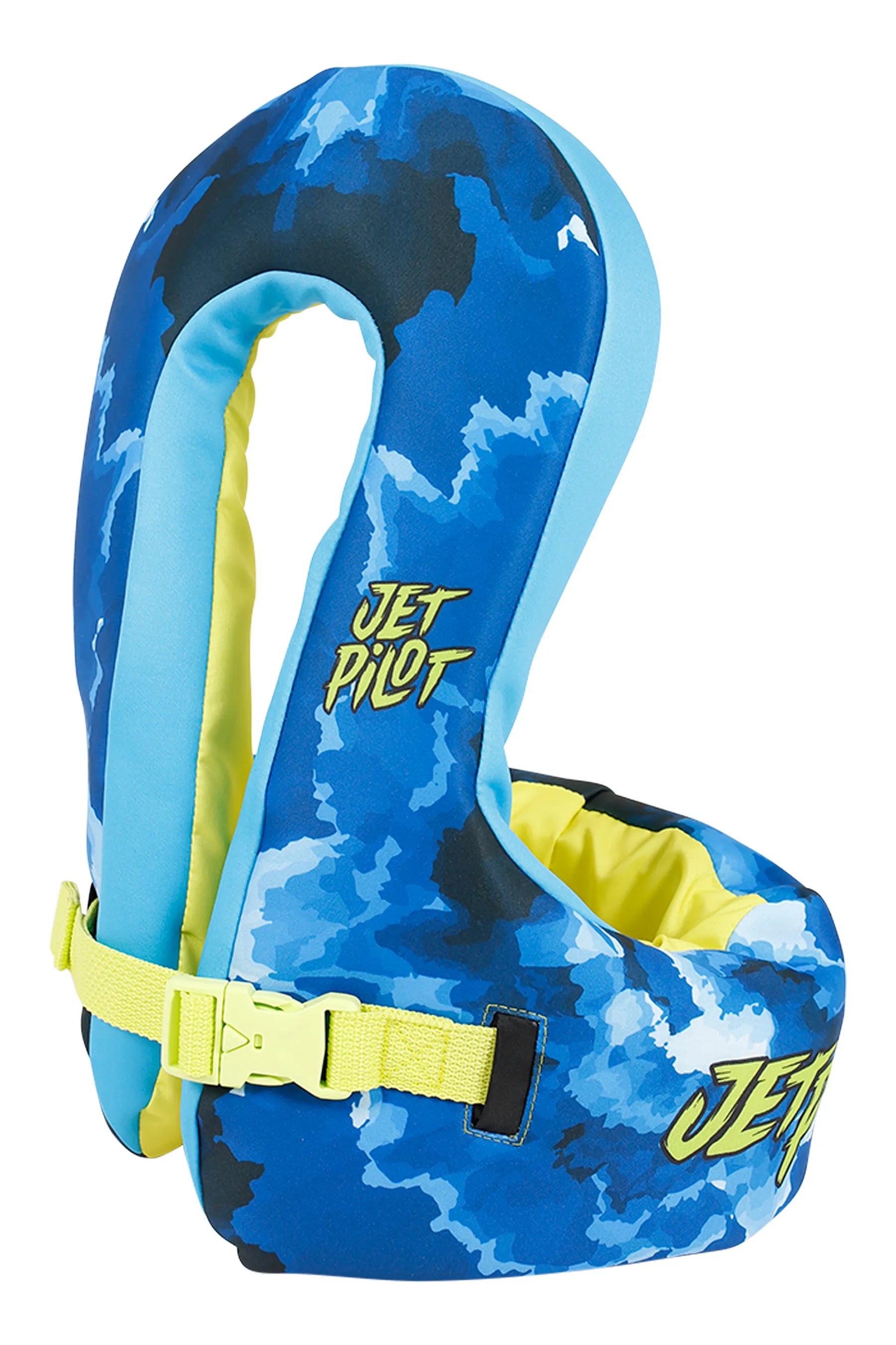 Blue and black camouflage Jetpilot Paddle Pal Splash Swim Vest - Blue with yellow/green accents and 'Jetpilot' branding on a white background.