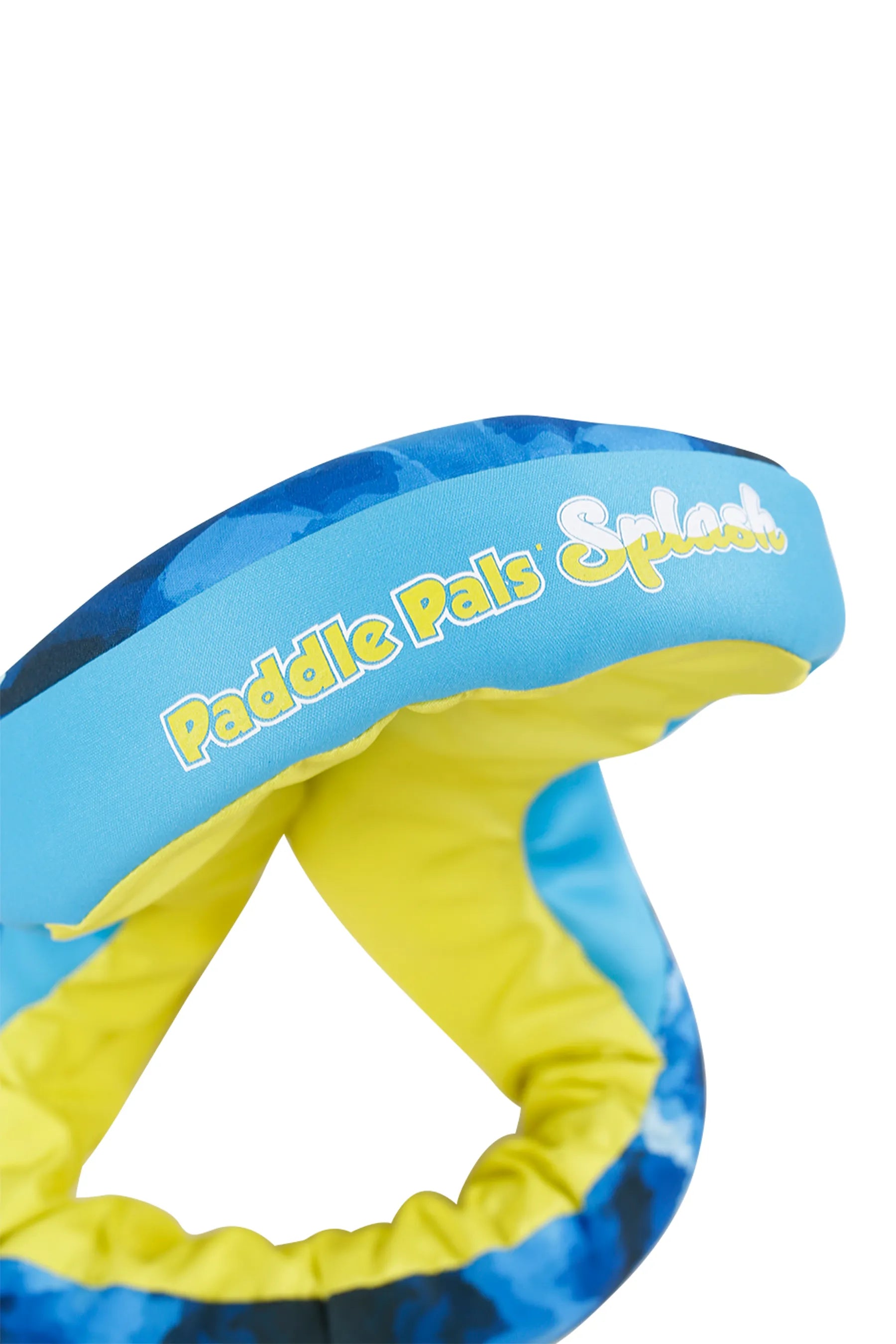 Blue and yellow Jetpilot Paddle Pal Splash Swim Vest - Blue with 'Paddle Pals' branding on a white background