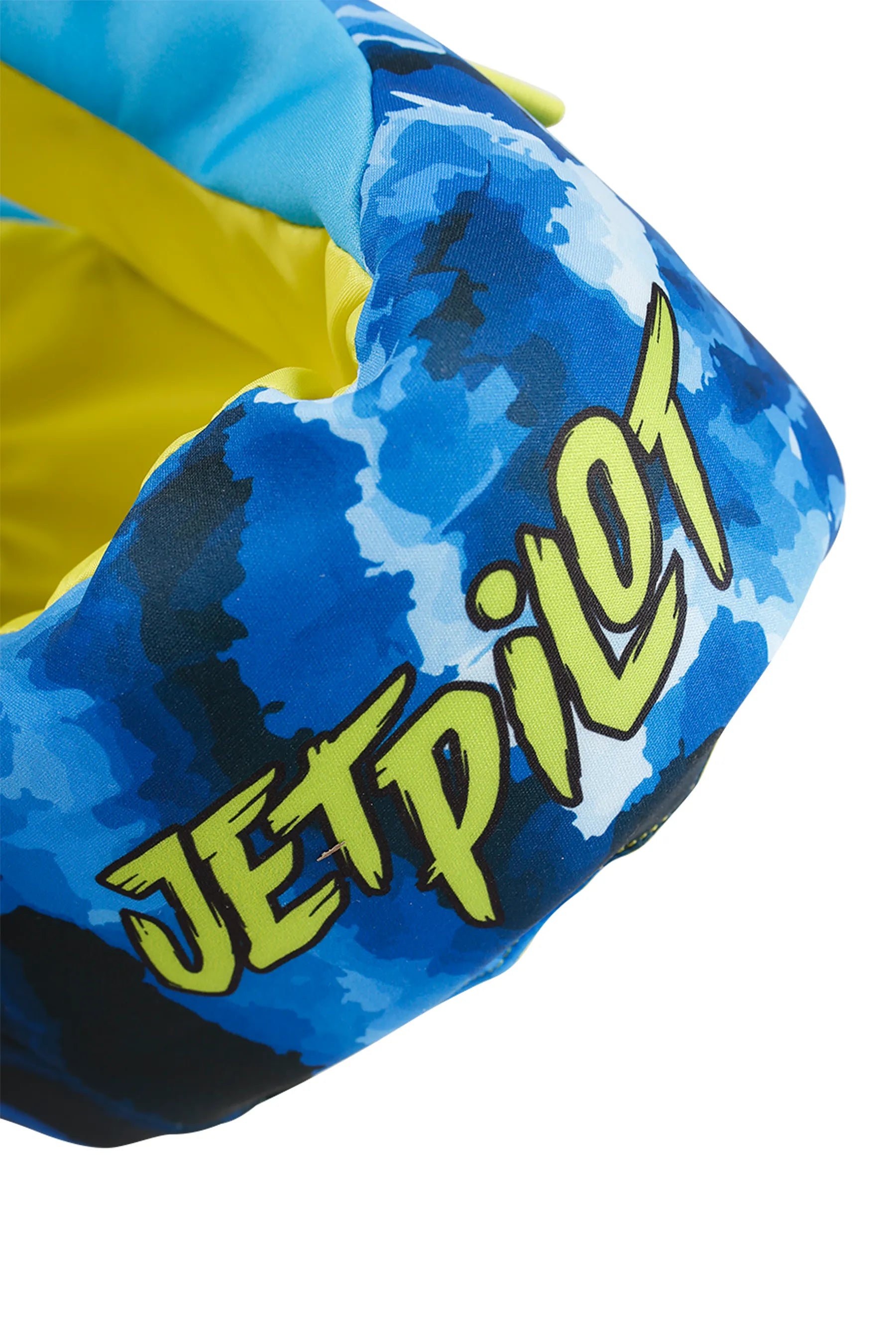 Blue and yellow Jetpilot Paddle Pal Splash Swim Vest - Blue with 'Jetpilot' branding on a white background