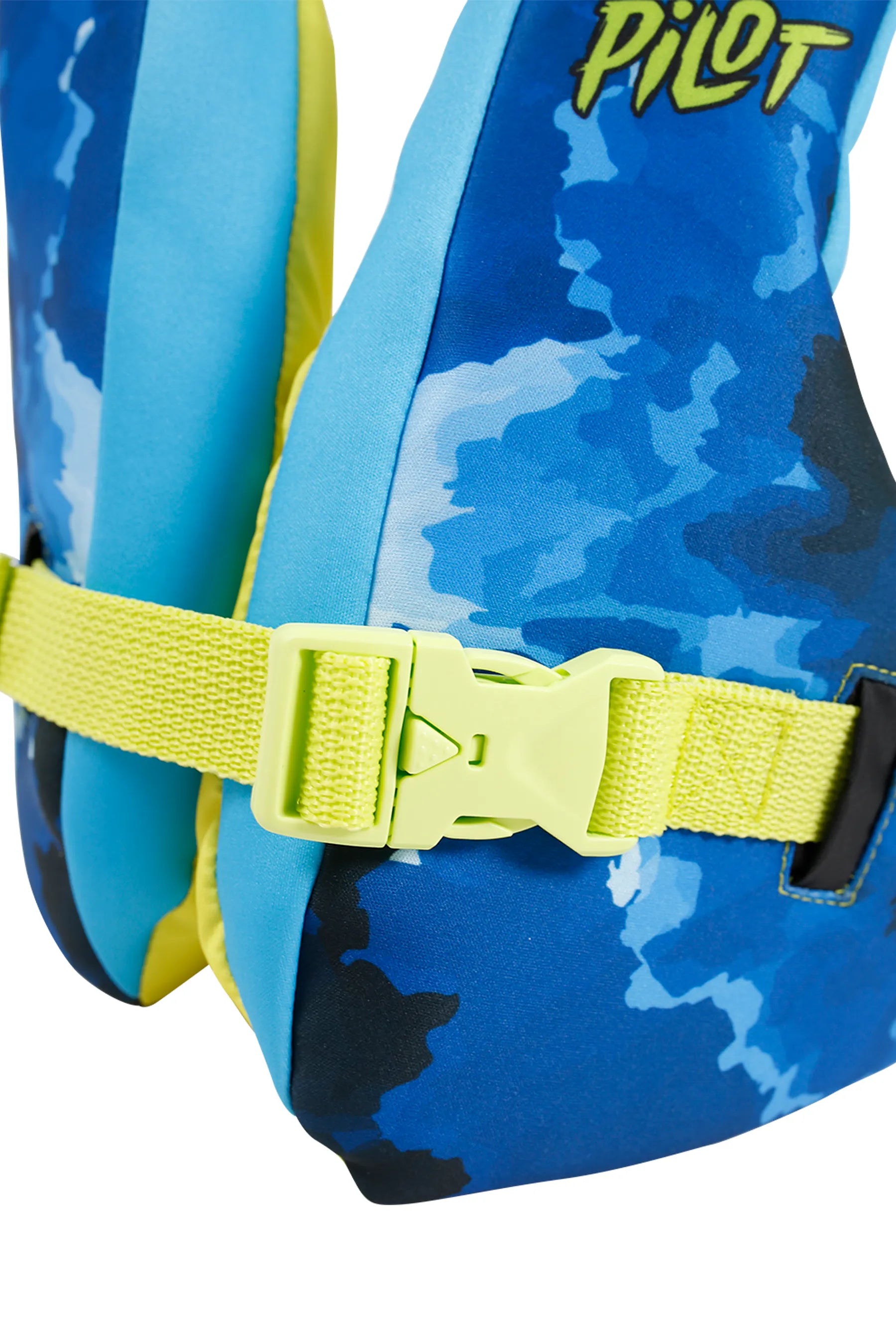 Blue camouflage Jetpilot Paddle Pal Splash Swim Vest - Blue with yellow/green strap and 'Jetpilot' branding on a white background