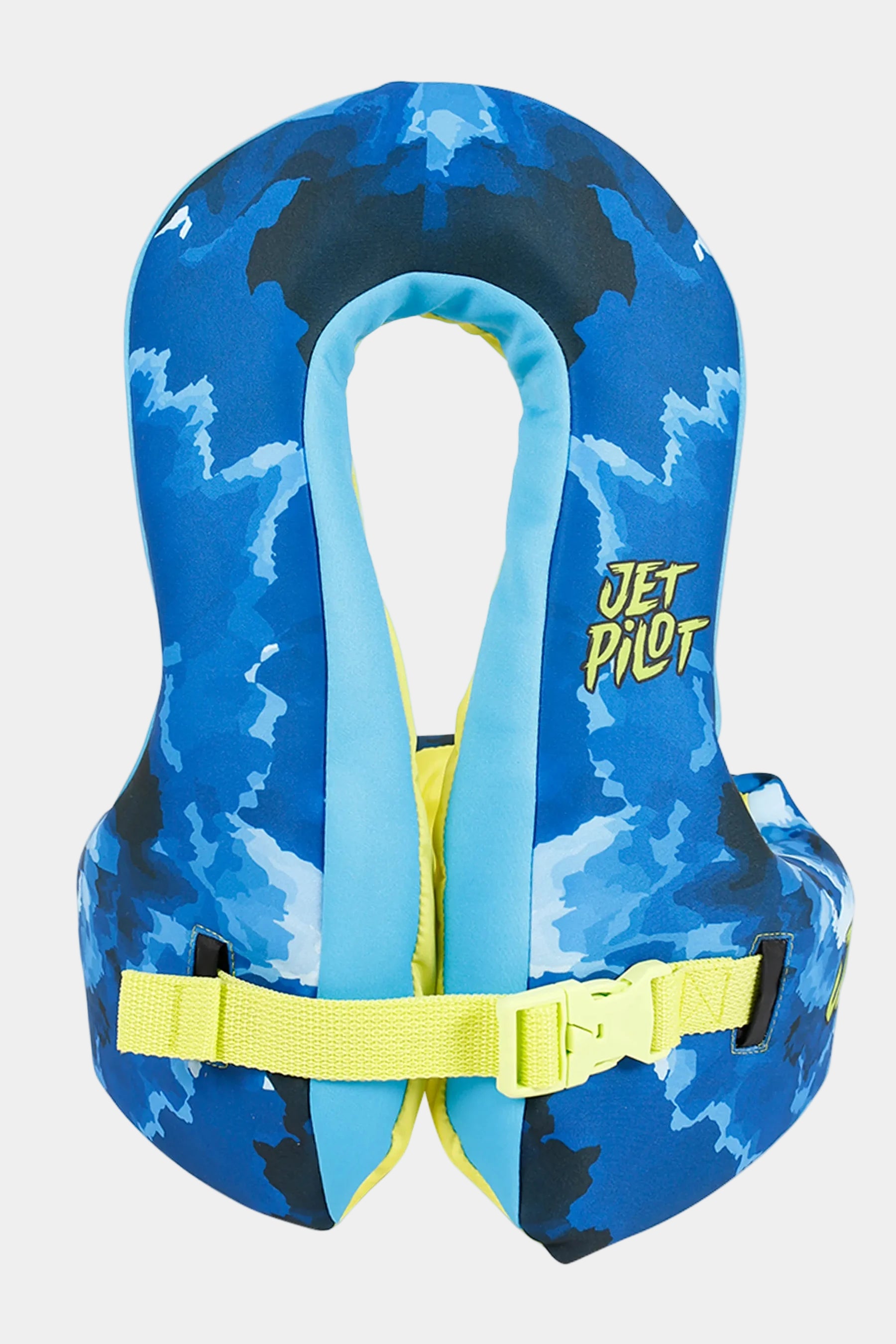 Blue and black patterned Jetpilot Paddle Pal Splash Swim Vest - Blue with yellow green strap and buckle and 'Jetpilot' branding on a white background