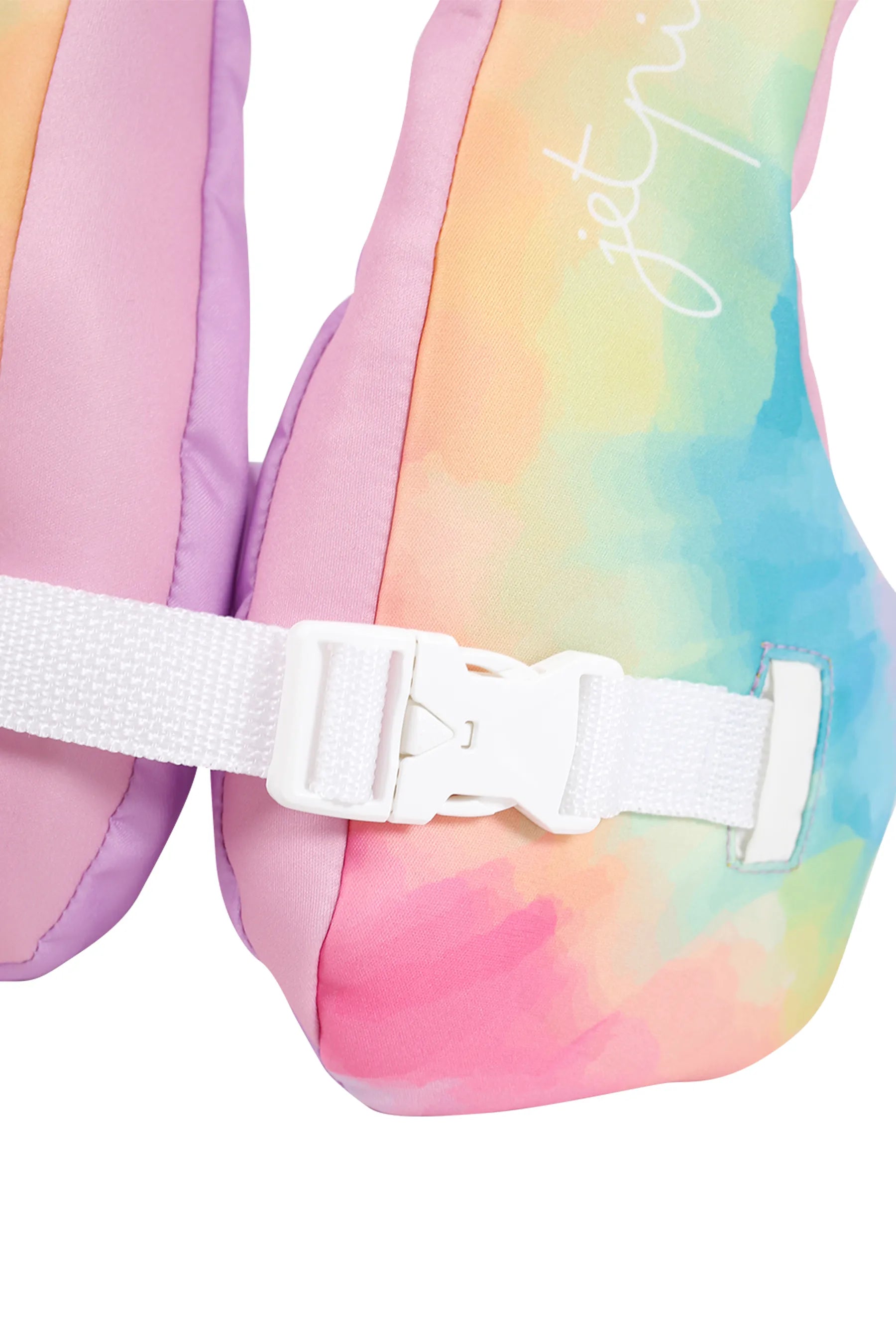 Colourful tie-dye life jacket with a white strap on a white background