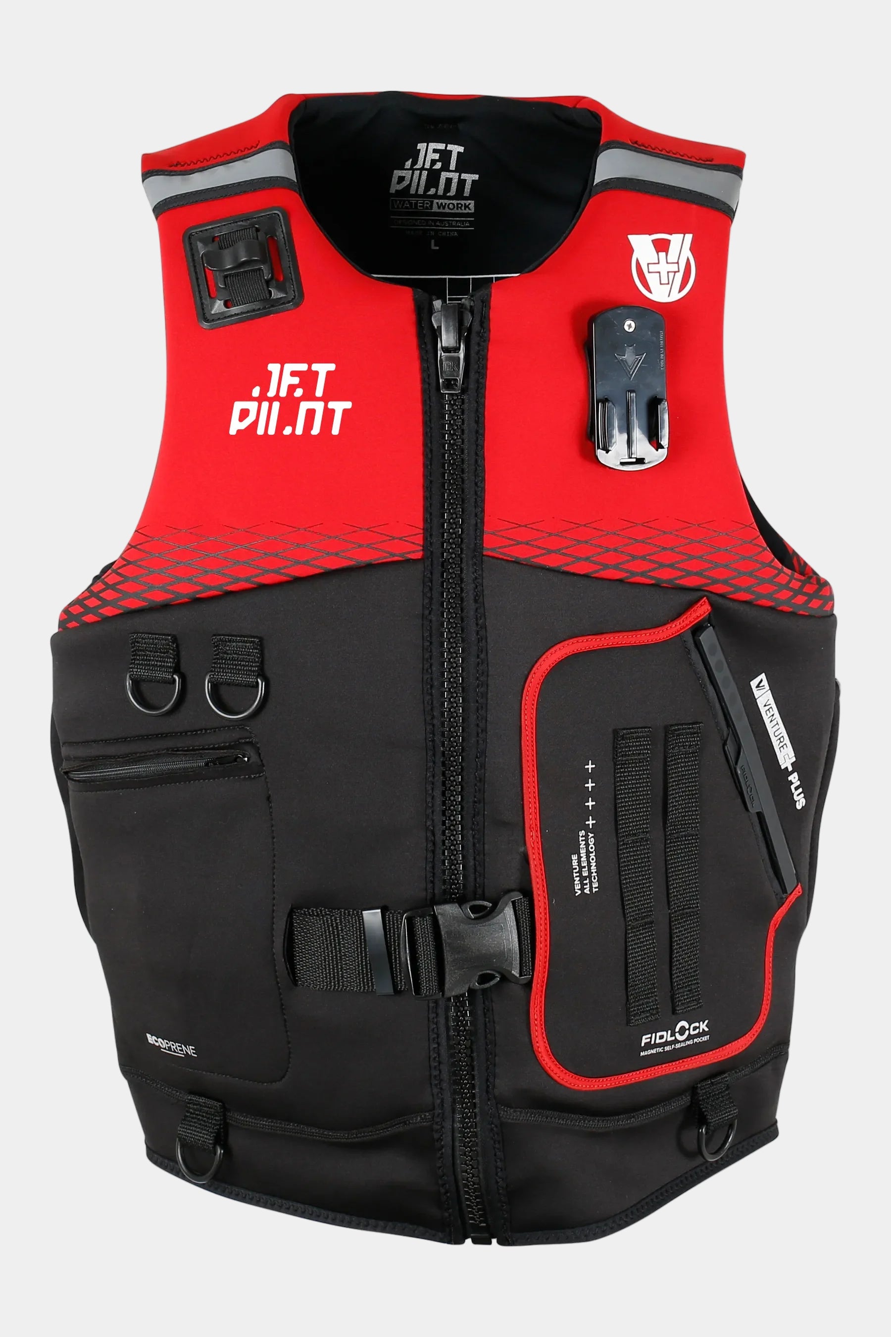 Red and black life vest with visible branding on a white background