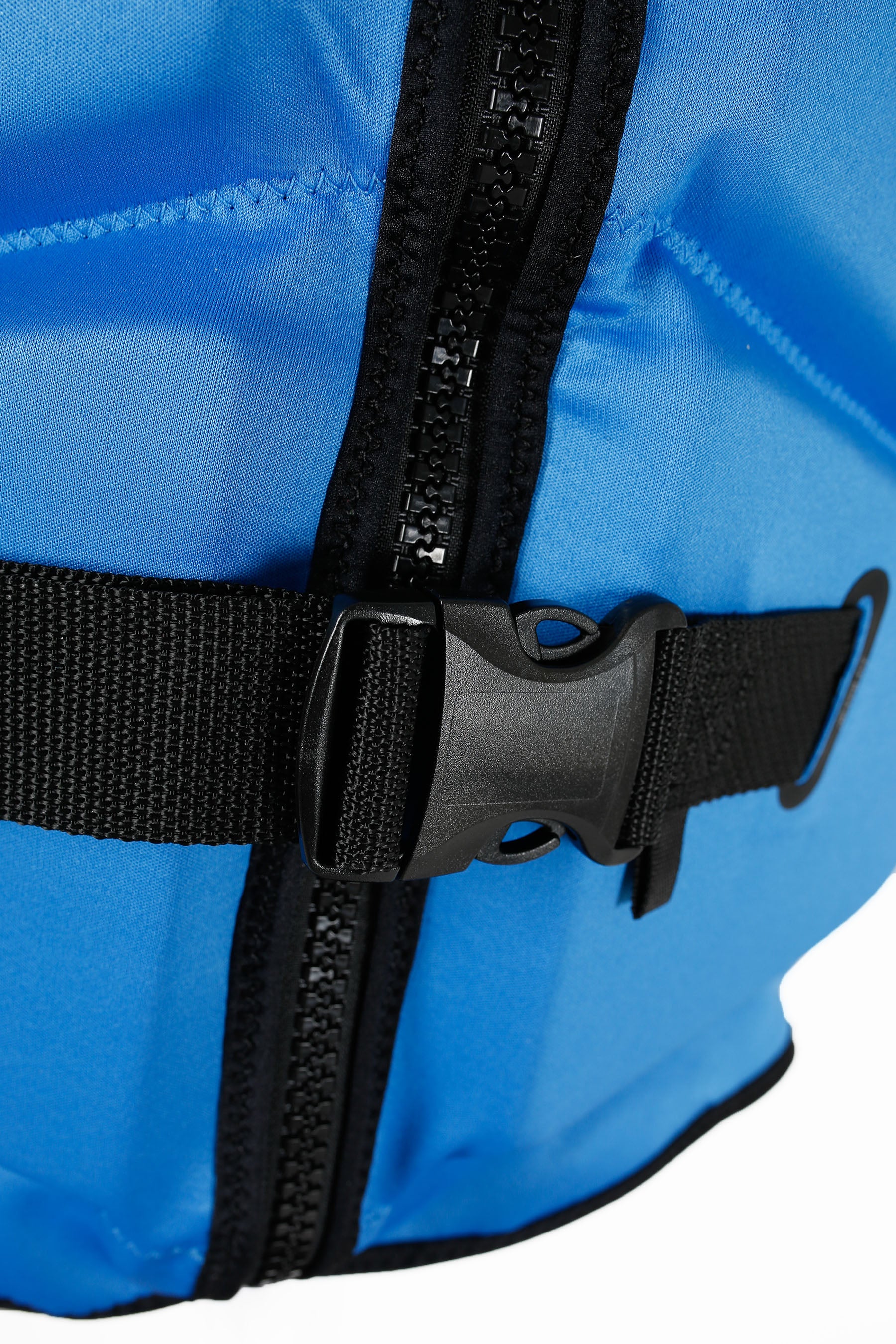 Close-up of Jetpilot Freeride Life Jacket - Blue with black zippers and straps on a white background