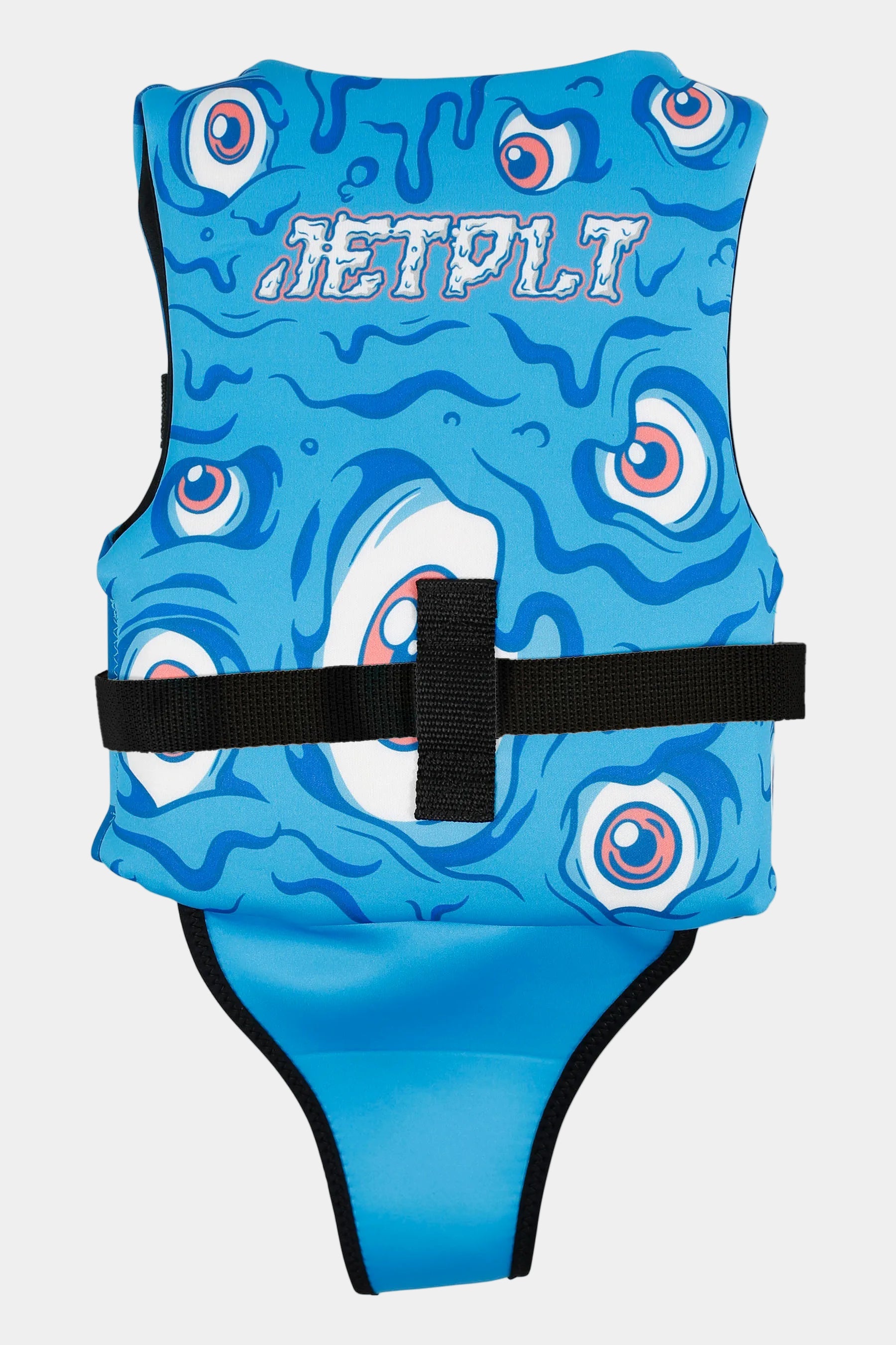Blue water-themed life jacket with black strap on a white background