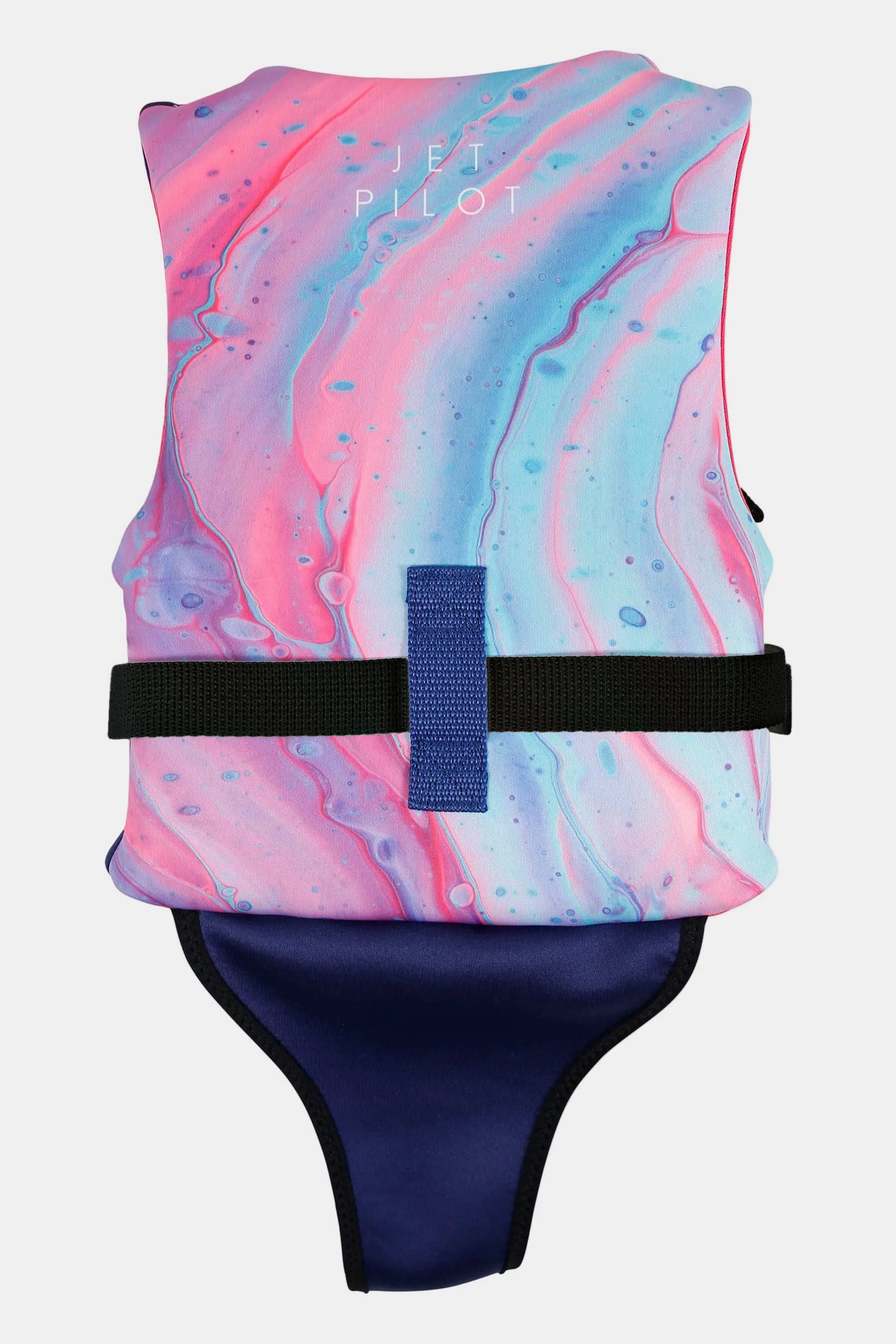Colorful marbled life vest with 'Jetpilot' branding on a white background