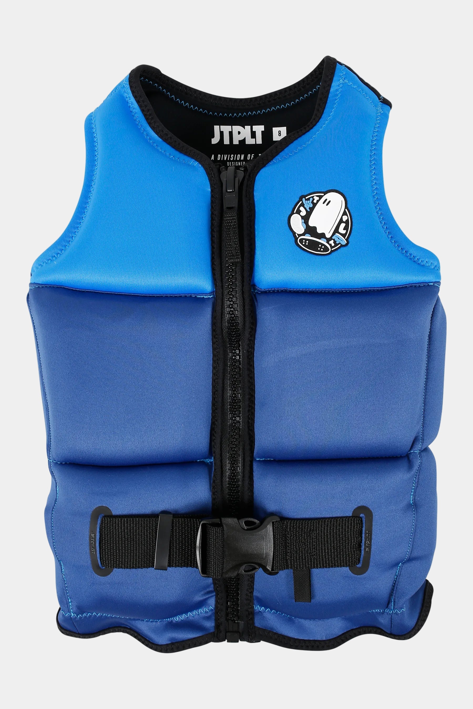Jetpilot Freeride Boys Life Jacket - Blue with black straps, white character icon patch on a white background