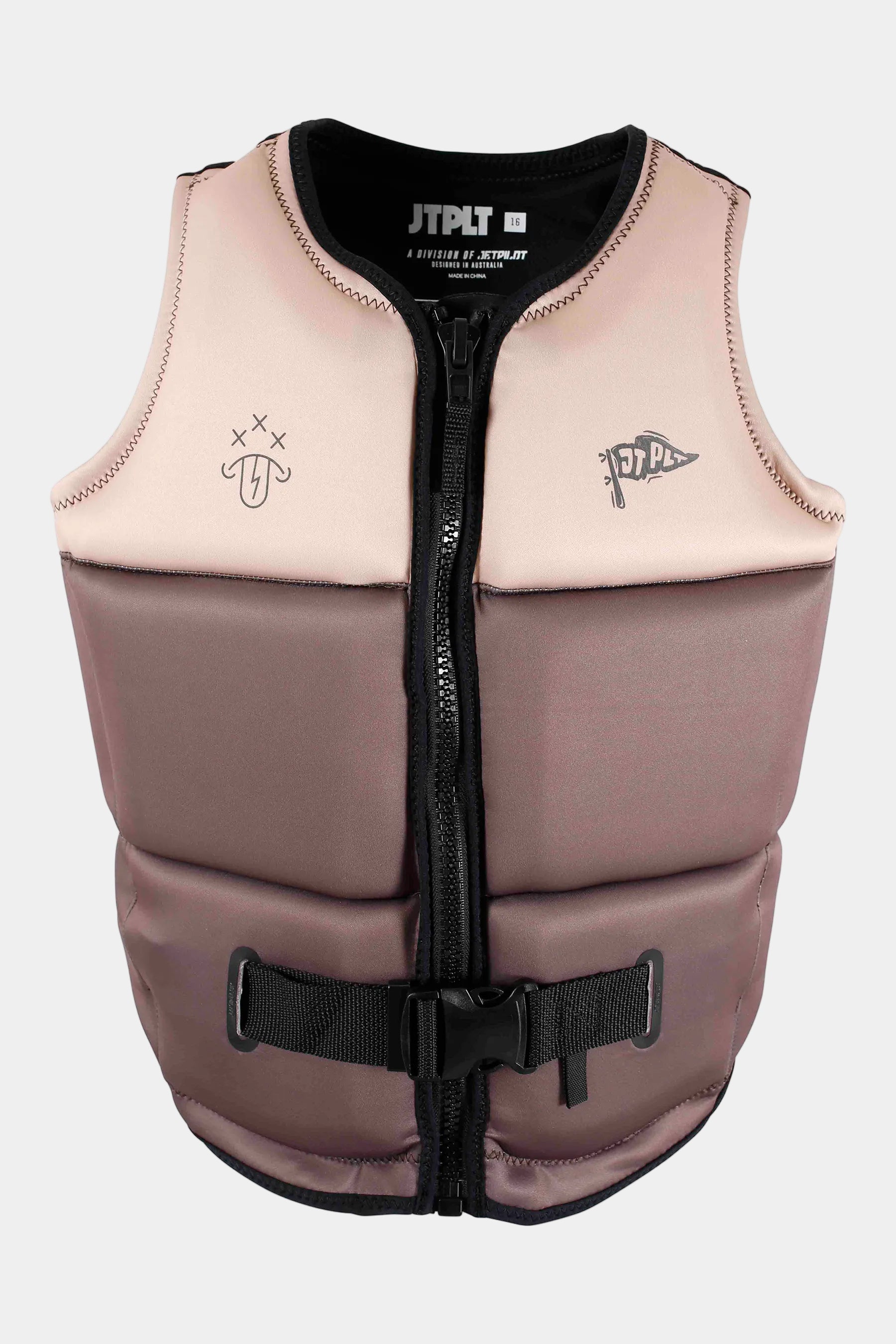 Brown life vest with black zipper and branding on a white background