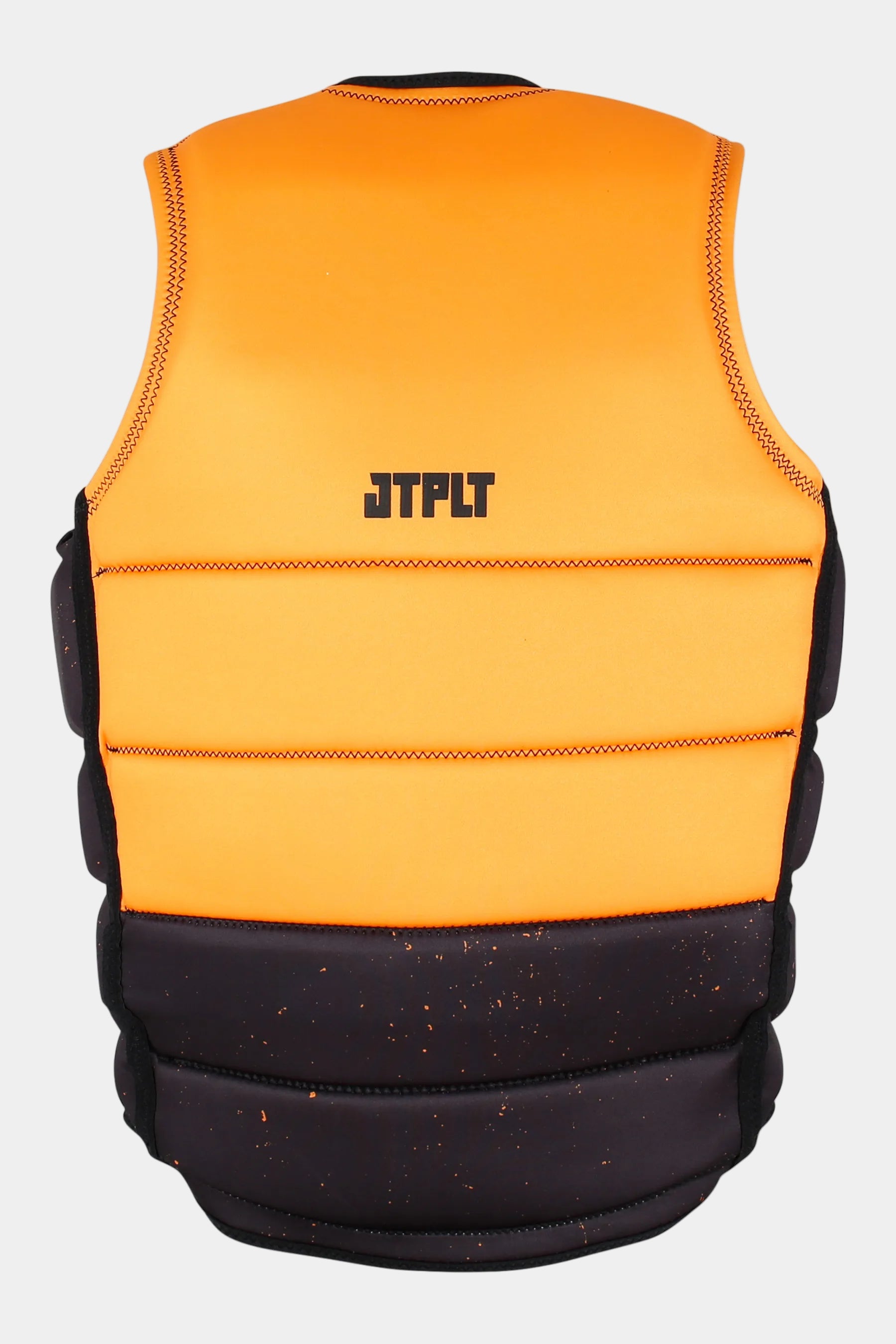 Orange and black life vest with JTPLT branding on a white background