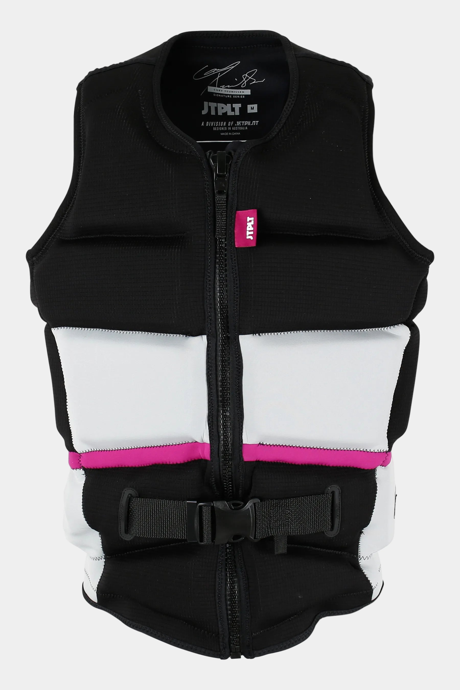Black and white life vest with pink accents on a white background