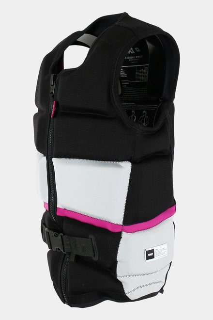 Black, white, and pink life jacket on a white background