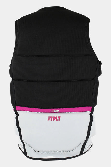 Black and white protective vest with pink zipper on a white background