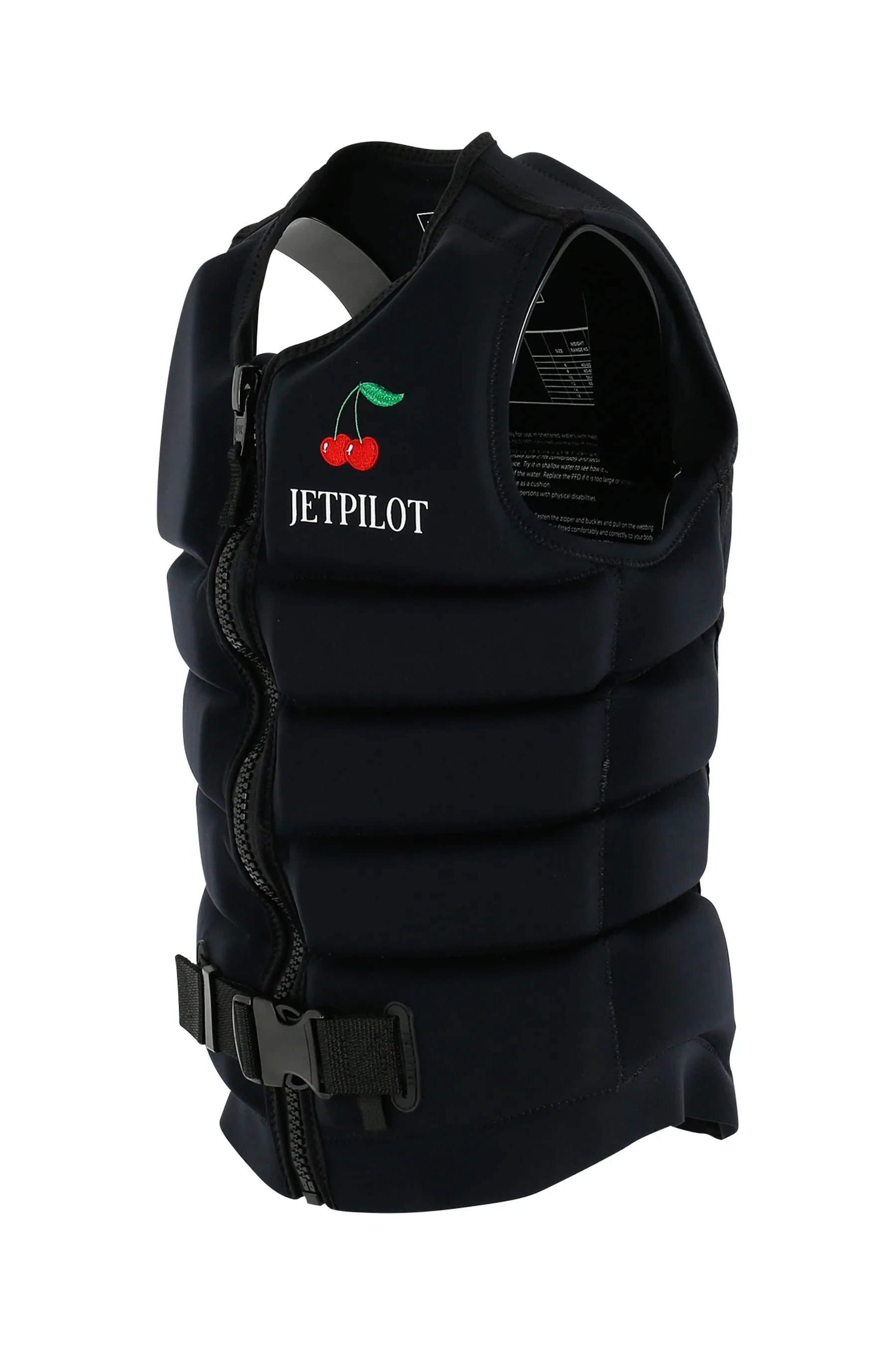 Jetpilot X1 Ladies Life Jacket - Zahra Kell Signature Series - Black with 'JETPILOT' logo and cherry design on a white background
