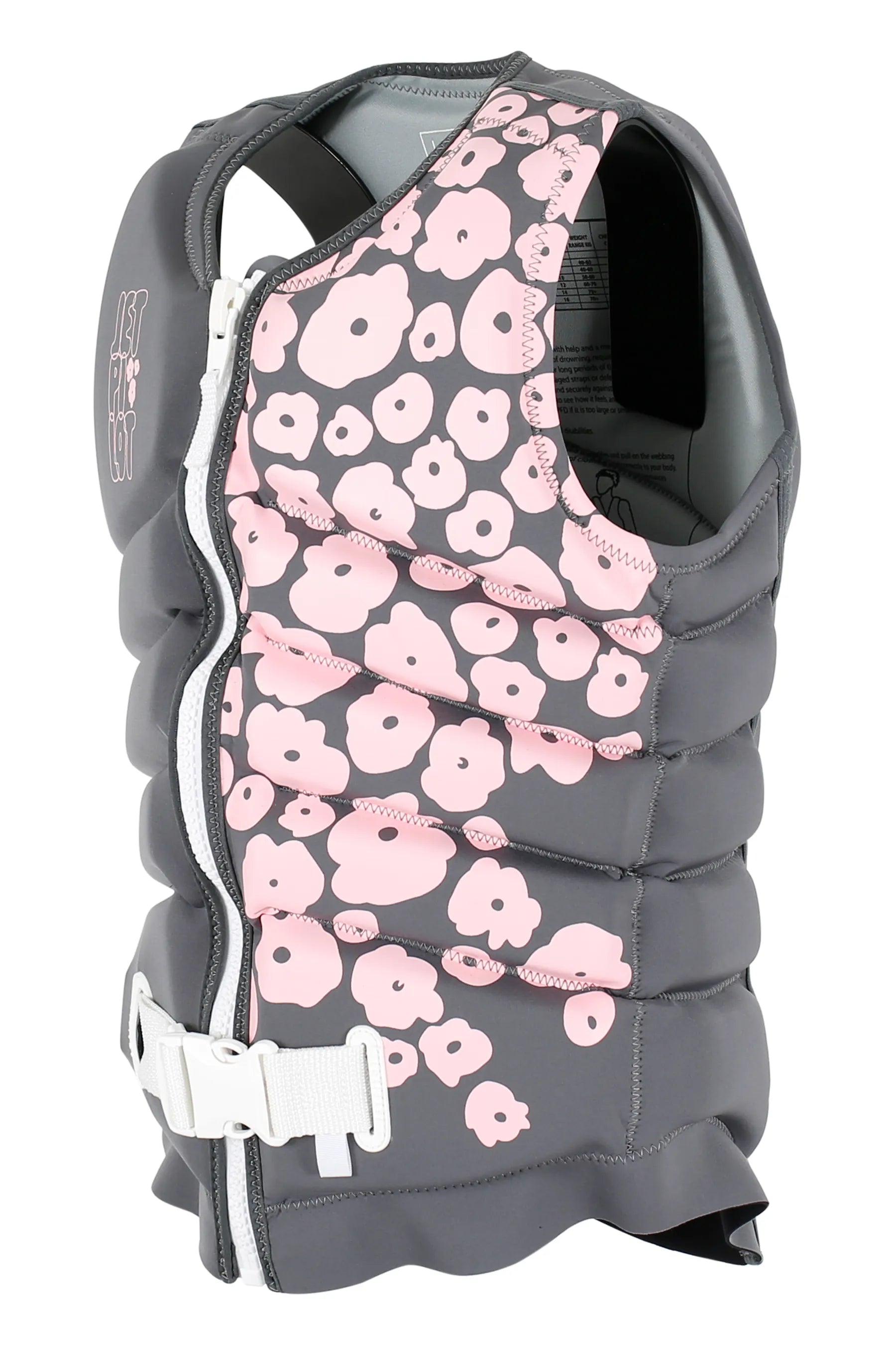 Grey charcoal life vest with pink floral pattern on a white background