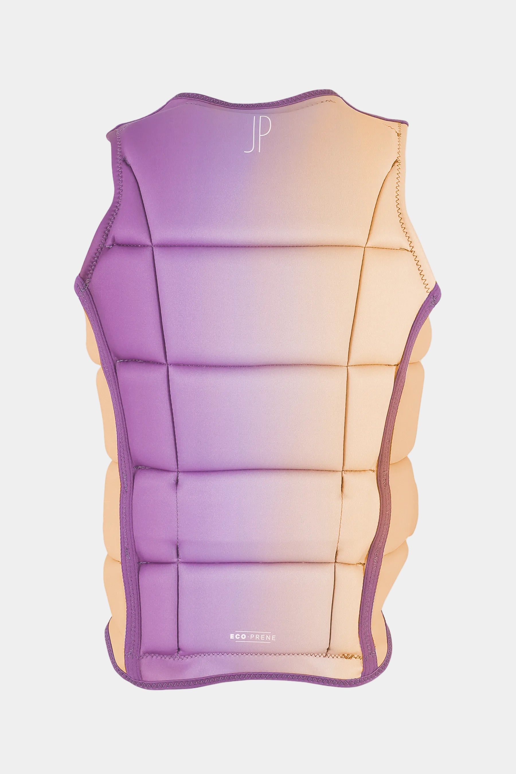 Gradient purple to orange lifejacket  vest with 'JP' branding on a white background