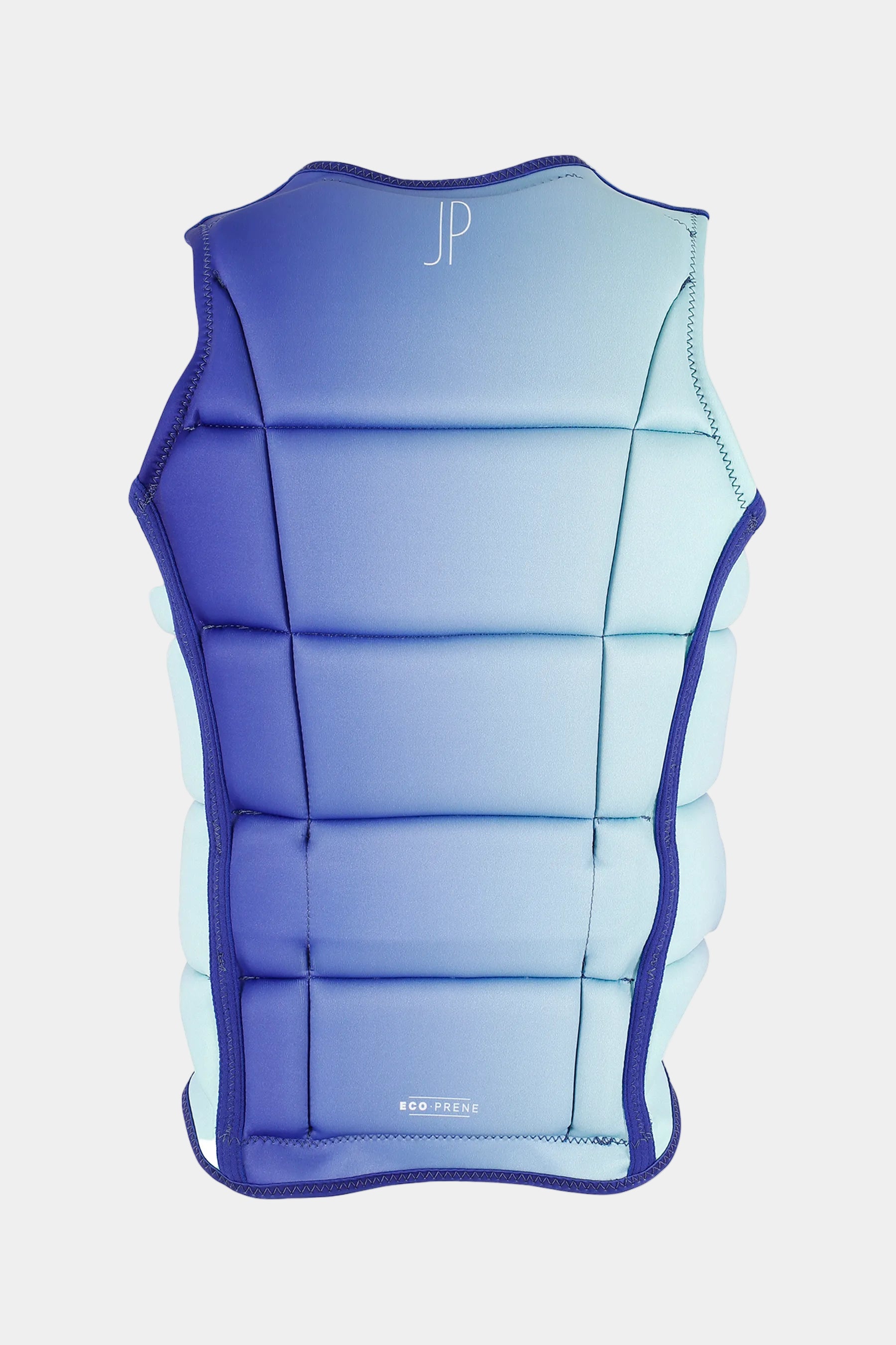 Blue and white life vest with 'JP' branding on a white background