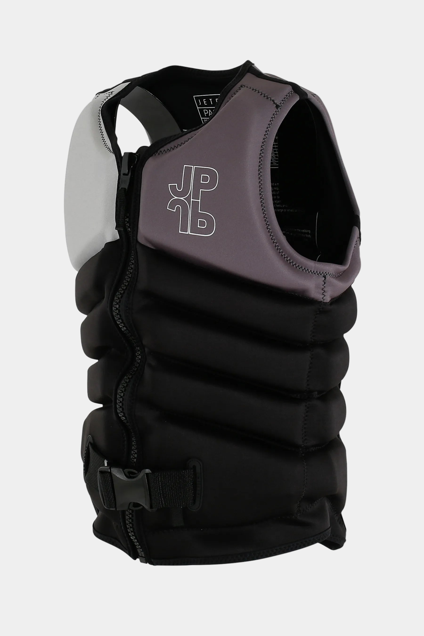 Black and gray life vest with JP logo on a white background