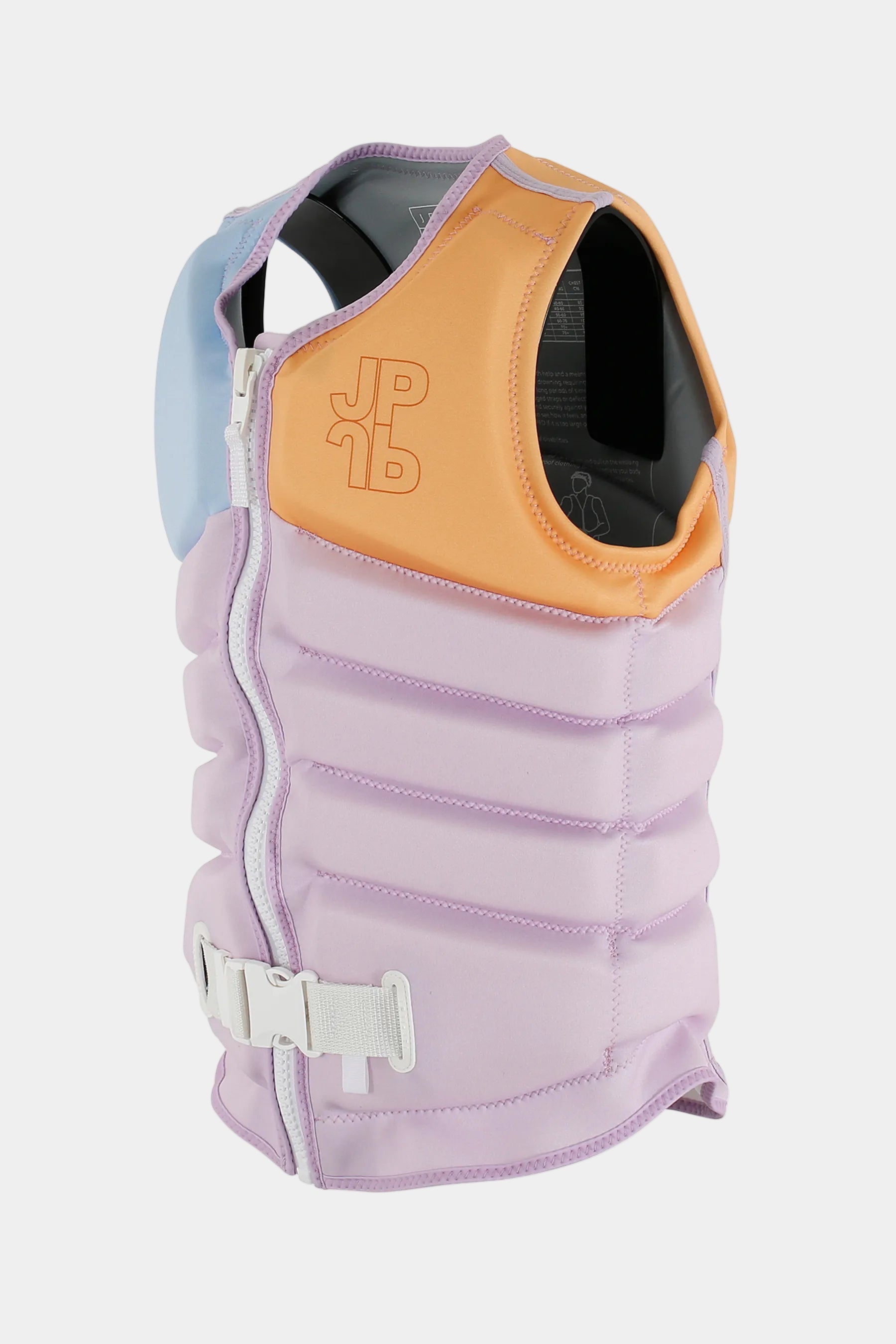 Purple life jacket with orange and blue accents on a white background