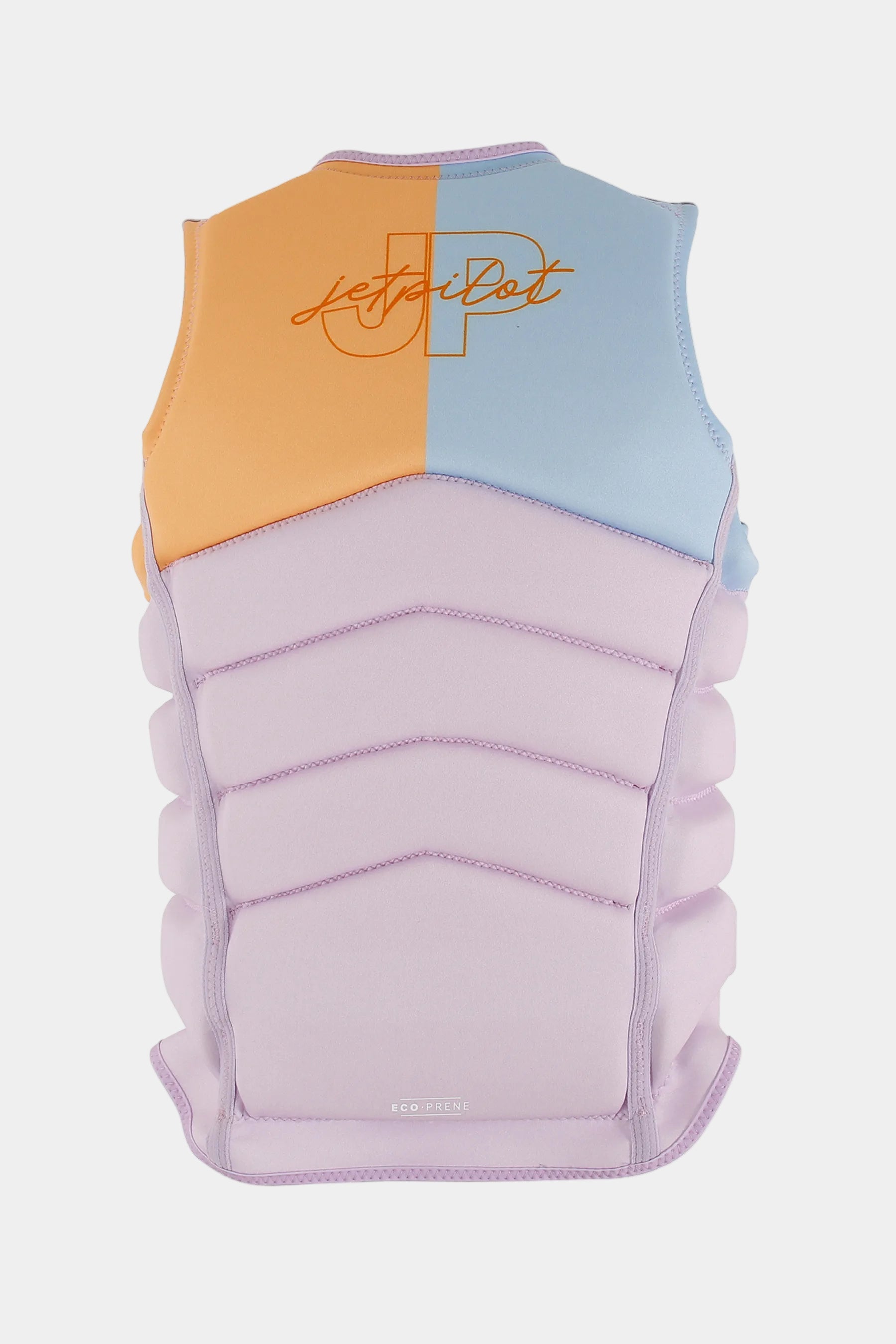 Color-blocked life vest with a brand logo on a white background