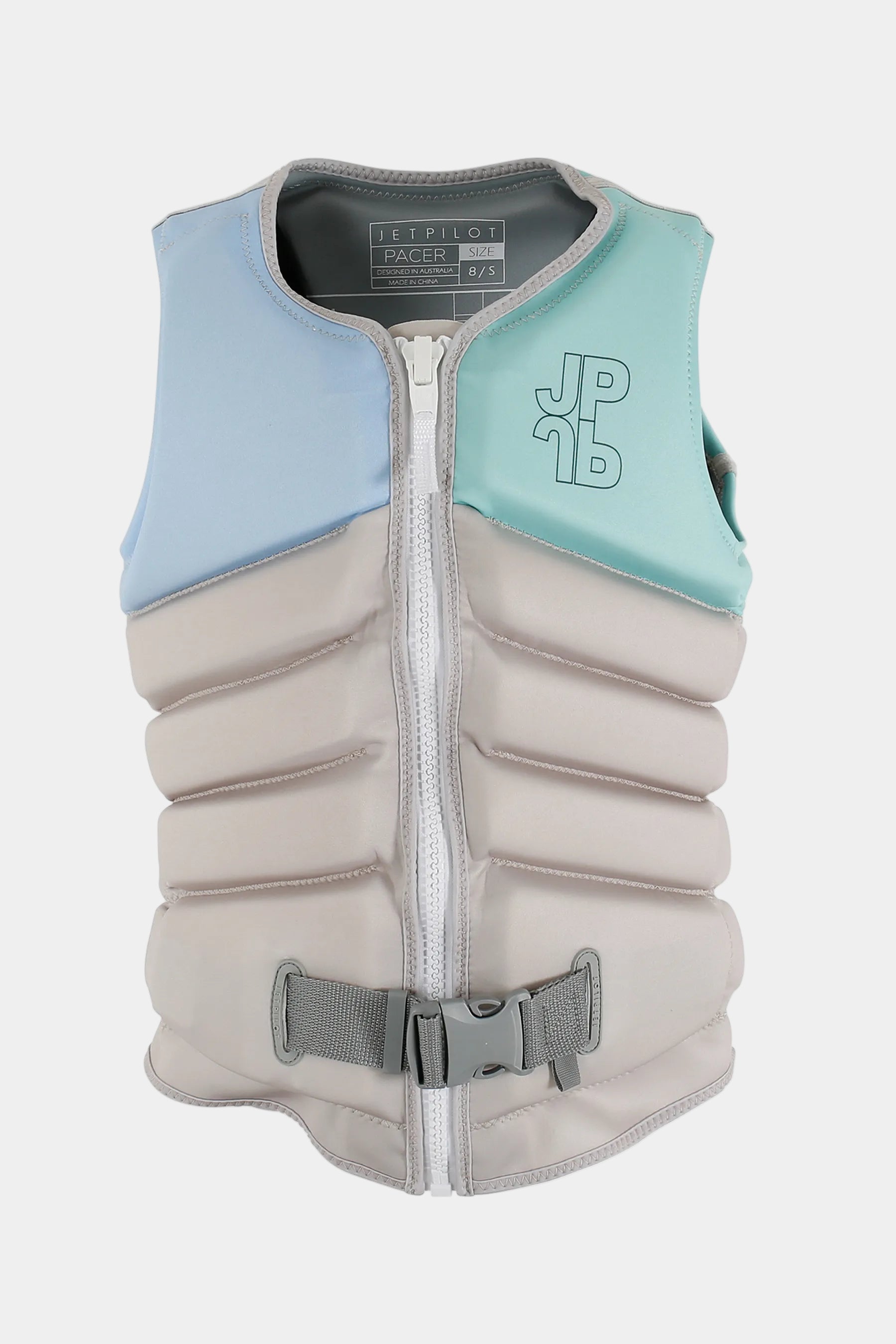 Multicolored life vest with JP logo on a white background