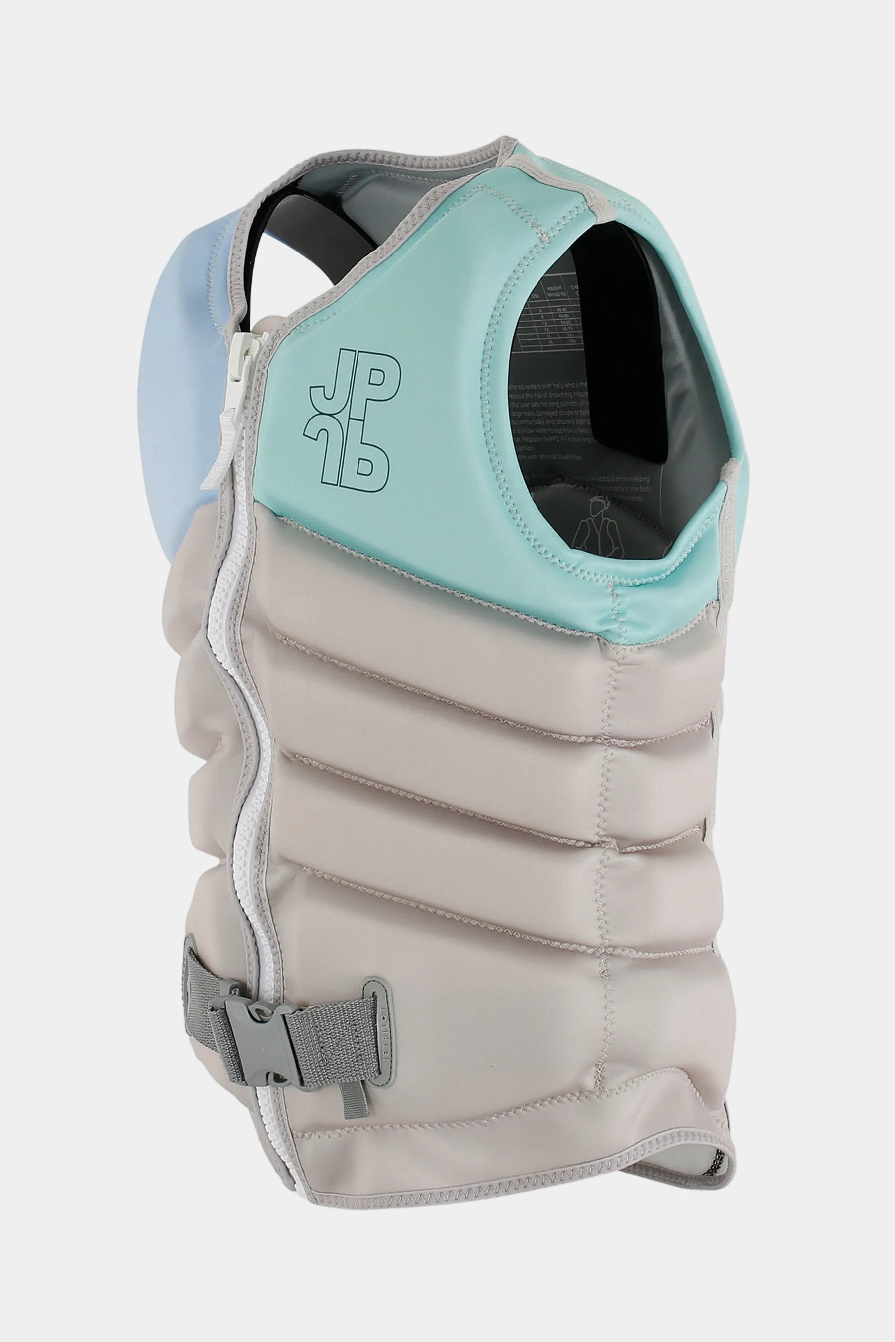 Gray and light blue life vest with JP18 logo on a white background