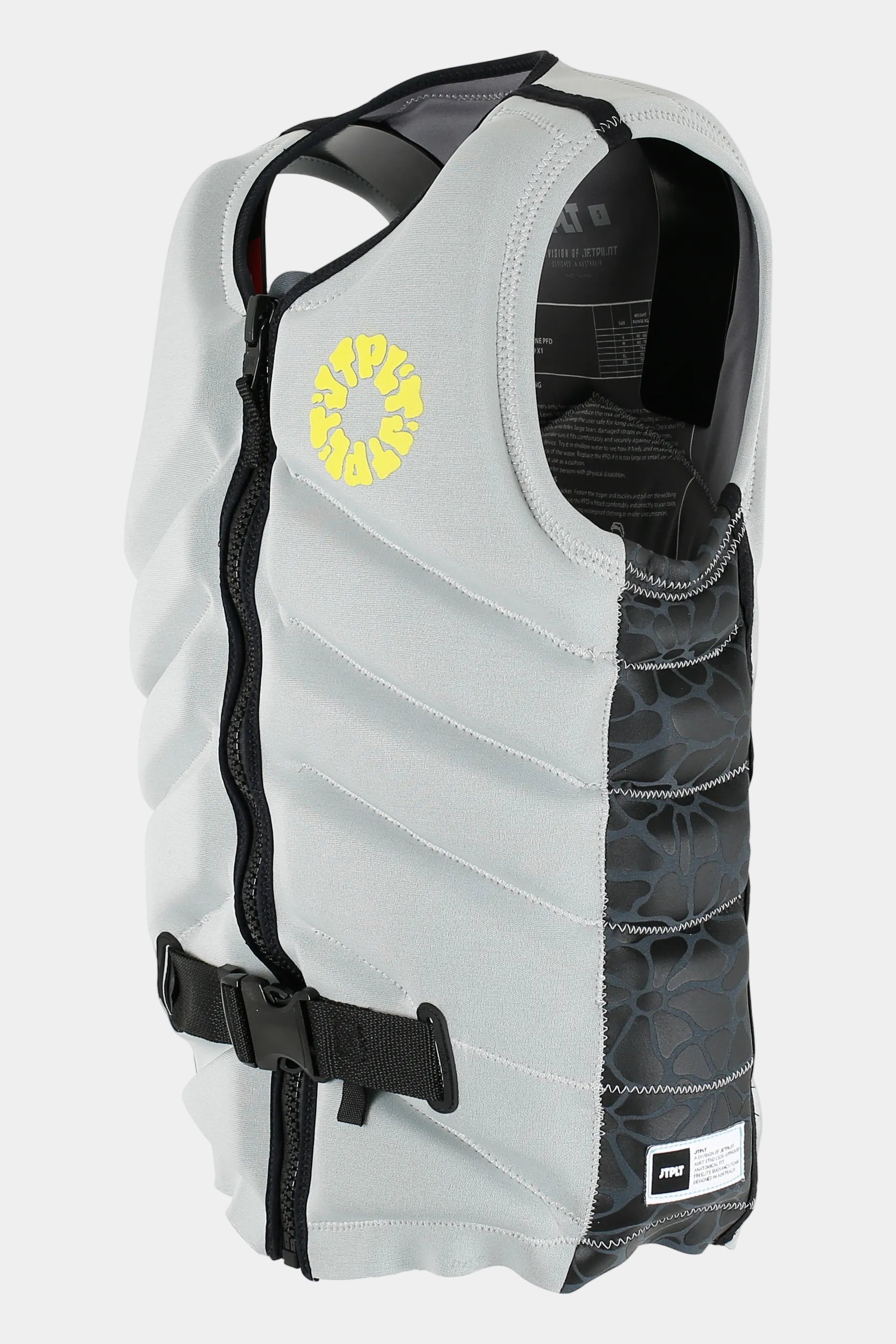 Gray life vest with black straps and a yellow logo on a white background
