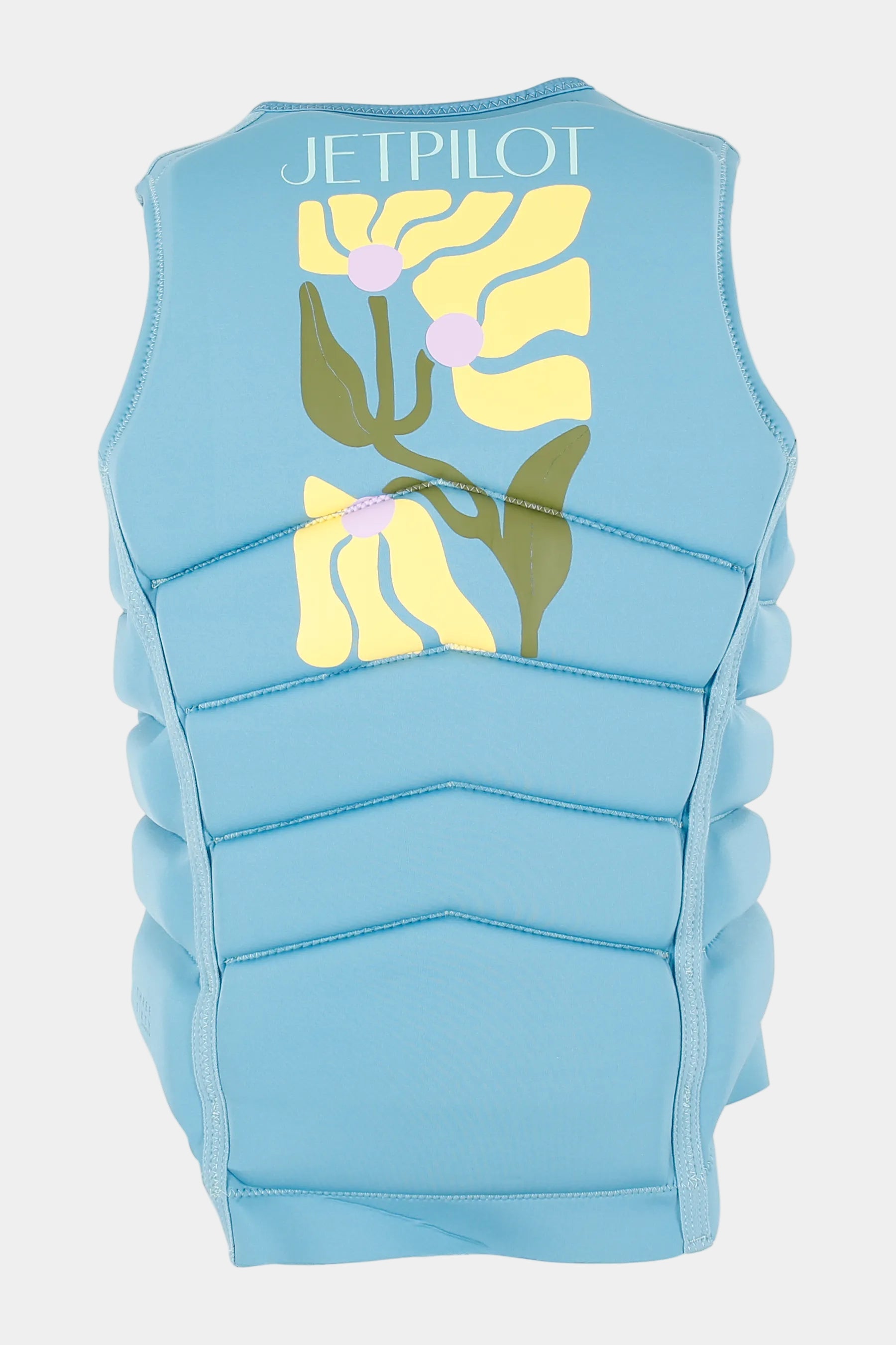 Light blue life vest with floral design and 'Jetpilot' branding on a white background