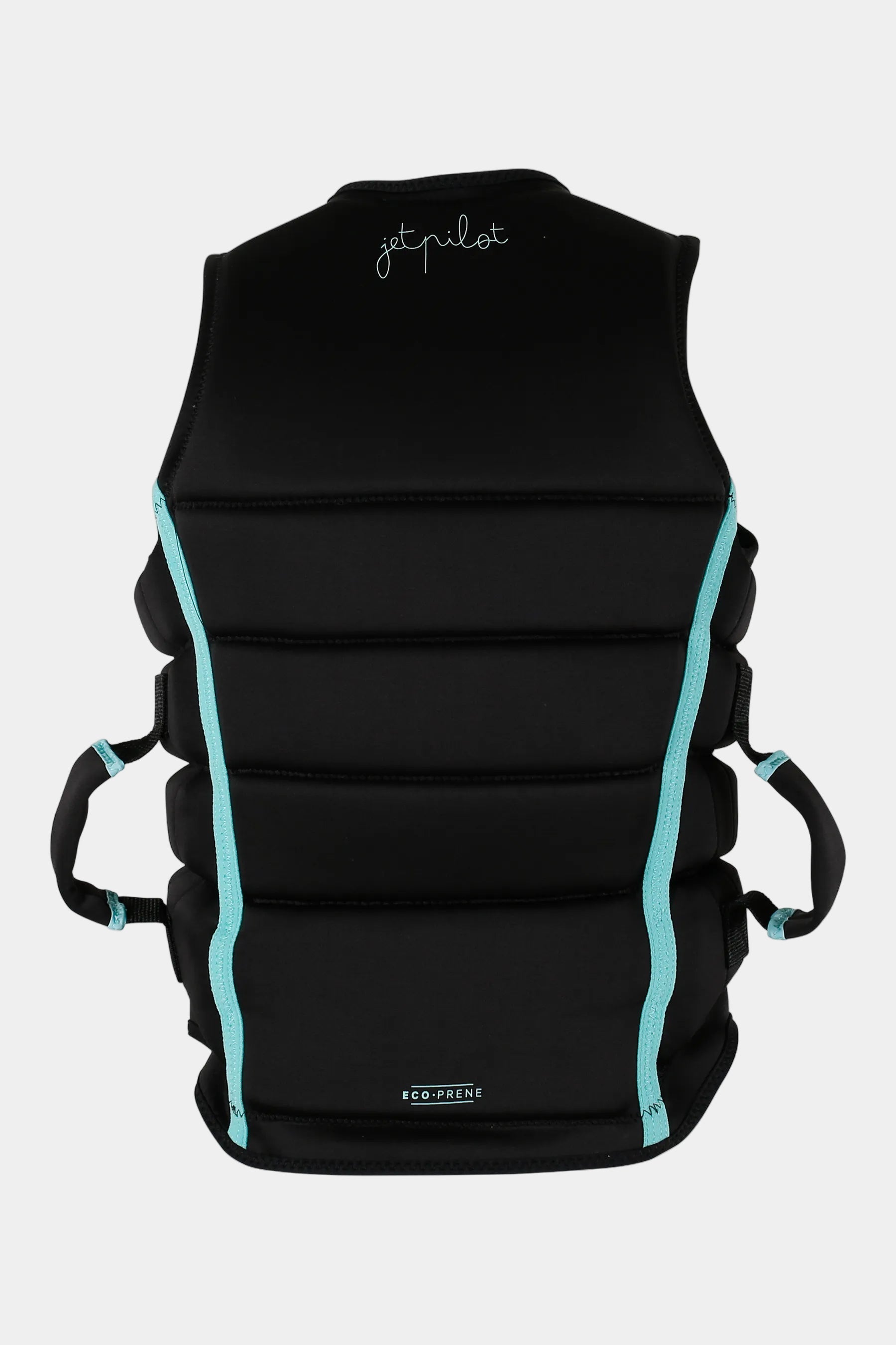 Black life jacket with turquoise straps on a white background