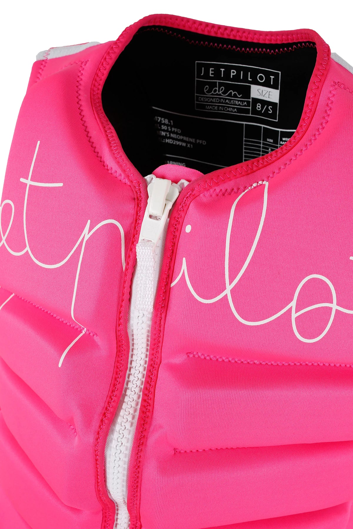 Close-up of Jetpilot Eden Ladies PWC Life Jacket - Pink with 'Jetpilot' branding and white zipper