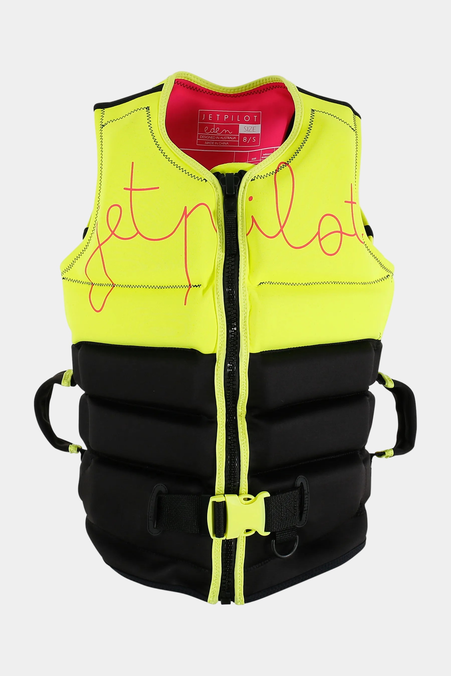 Yellow and black life vest with 'jetpilot' branding on a white background