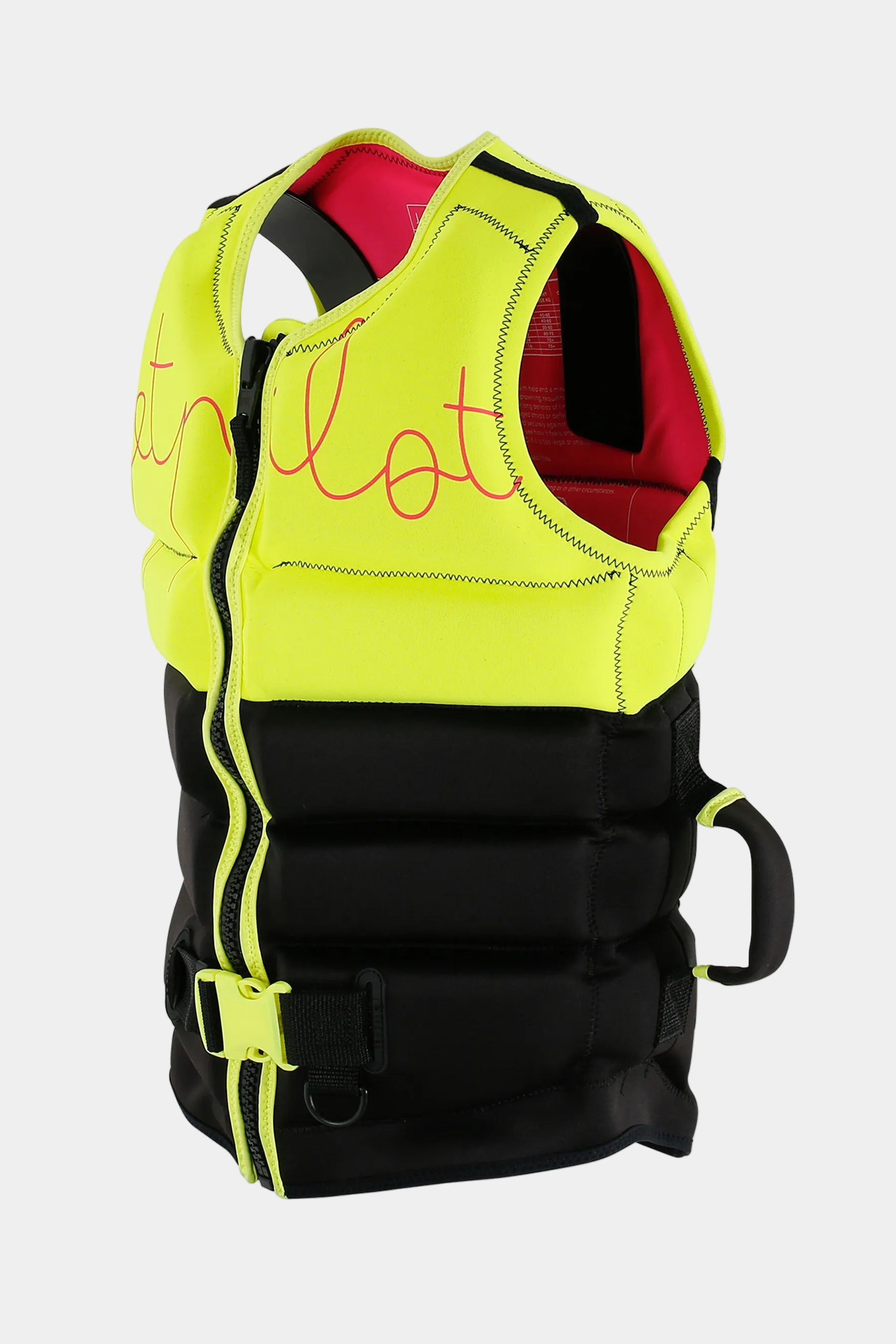 Fluorescent yellow and black life vest with red interior on a white background