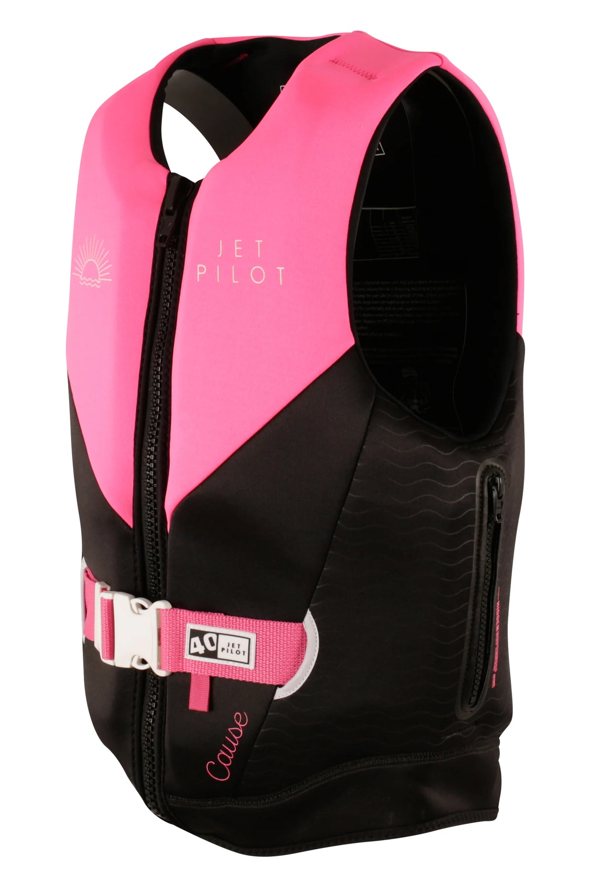 Three-quarter view of the Pink Cause Ladies showing the wave-pattern side panel and zipped handle pocket