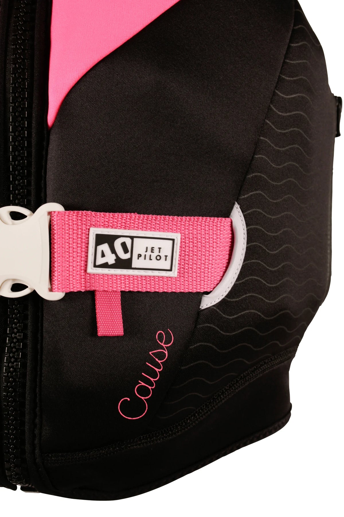 Close-up of the 40 tab on the pink waist strap and the Cause script on the Pink Cause Ladies