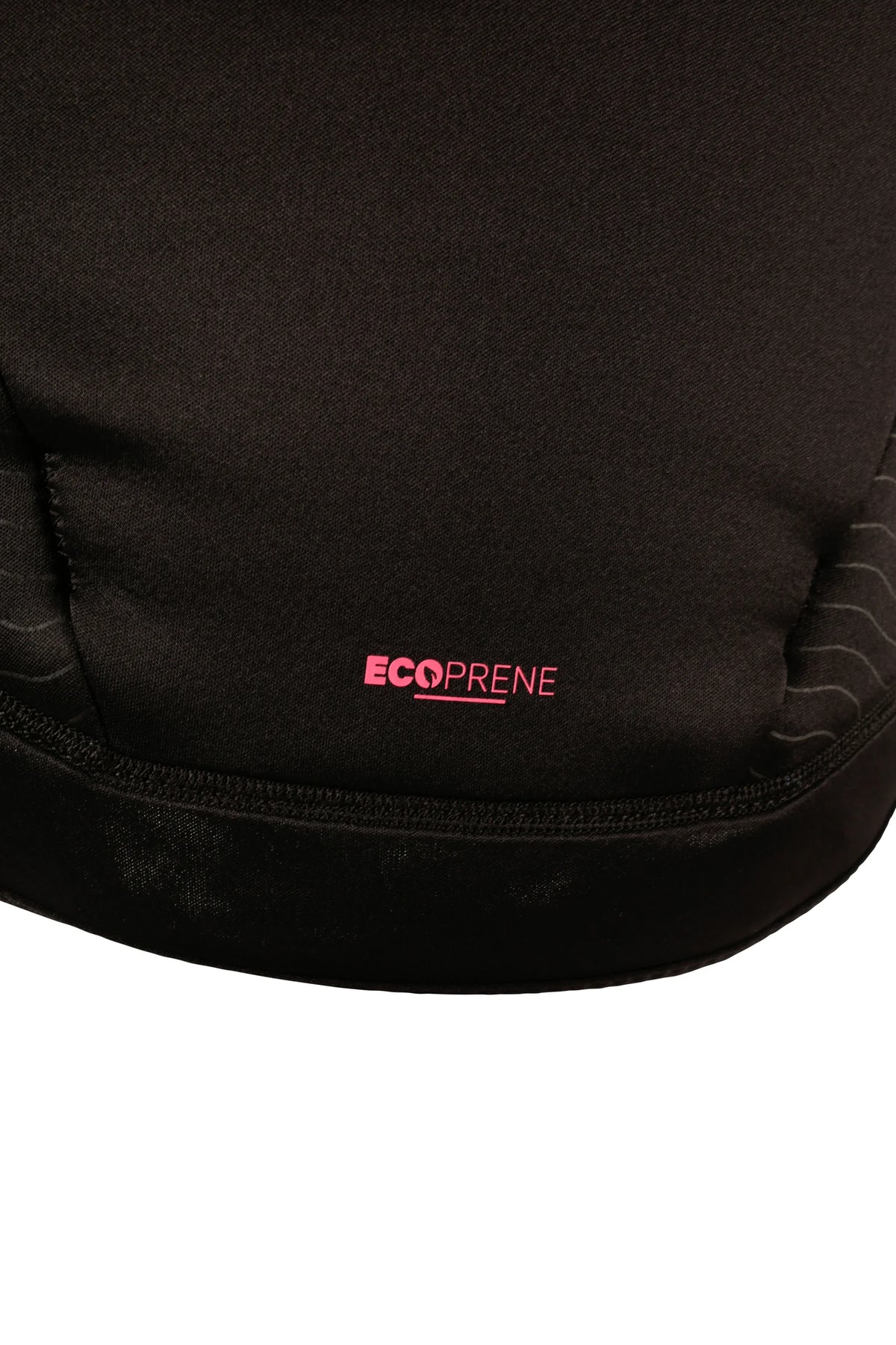 Close-up of the EcoPrene label on the lower back of the Pink Cause Ladies