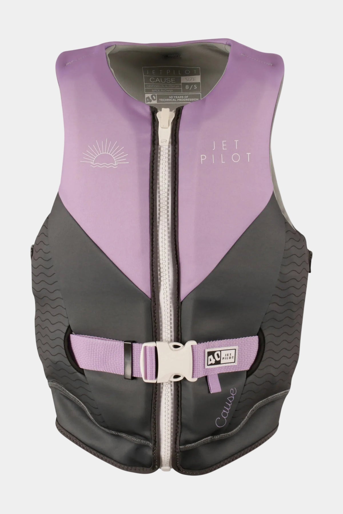 Jetpilot Cause Ladies jet ski life jacket in Purple, front view with the sunrise graphic, white zip and 40 tab
